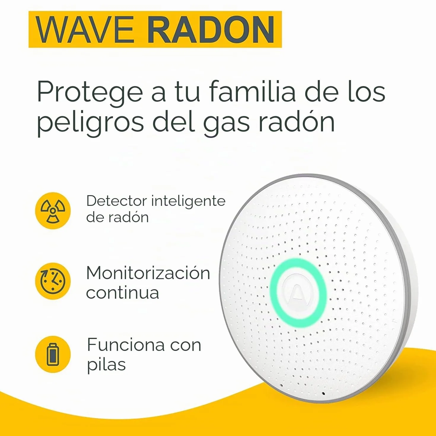 Airthings 2950 Wave Radon Detector Inteligente de Gas Radón con Monitor de Humedad y Temperatura, Preciso, Intuitivo e Inalámbrico, New Version