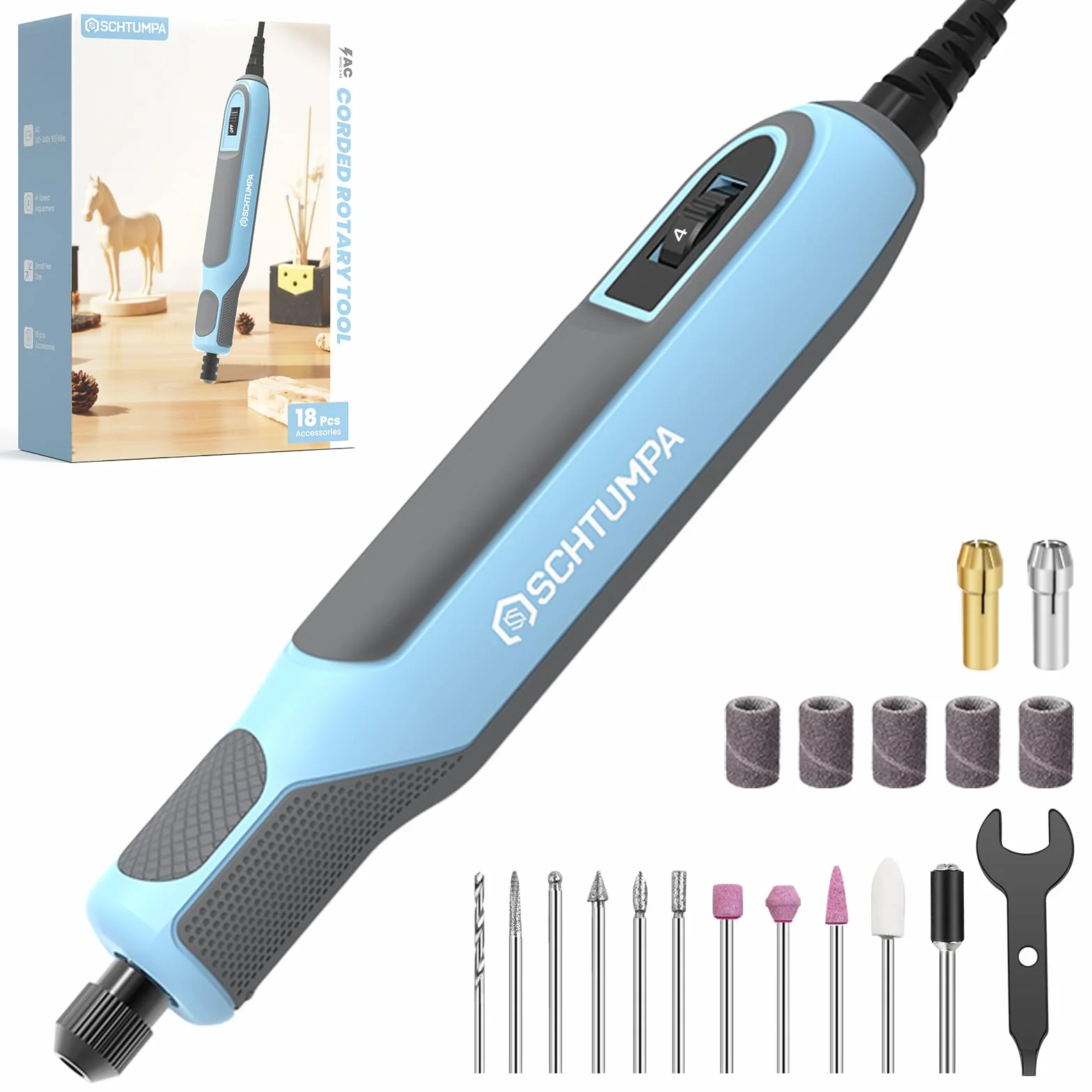 Herramienta giratoria con cable de 18 V, 4 velocidades variables, 10000-22000 rpm y 18 accesorios, agarre suave, multiherramienta ligera para lijar, pulir, perforar, tallar, manualidades
