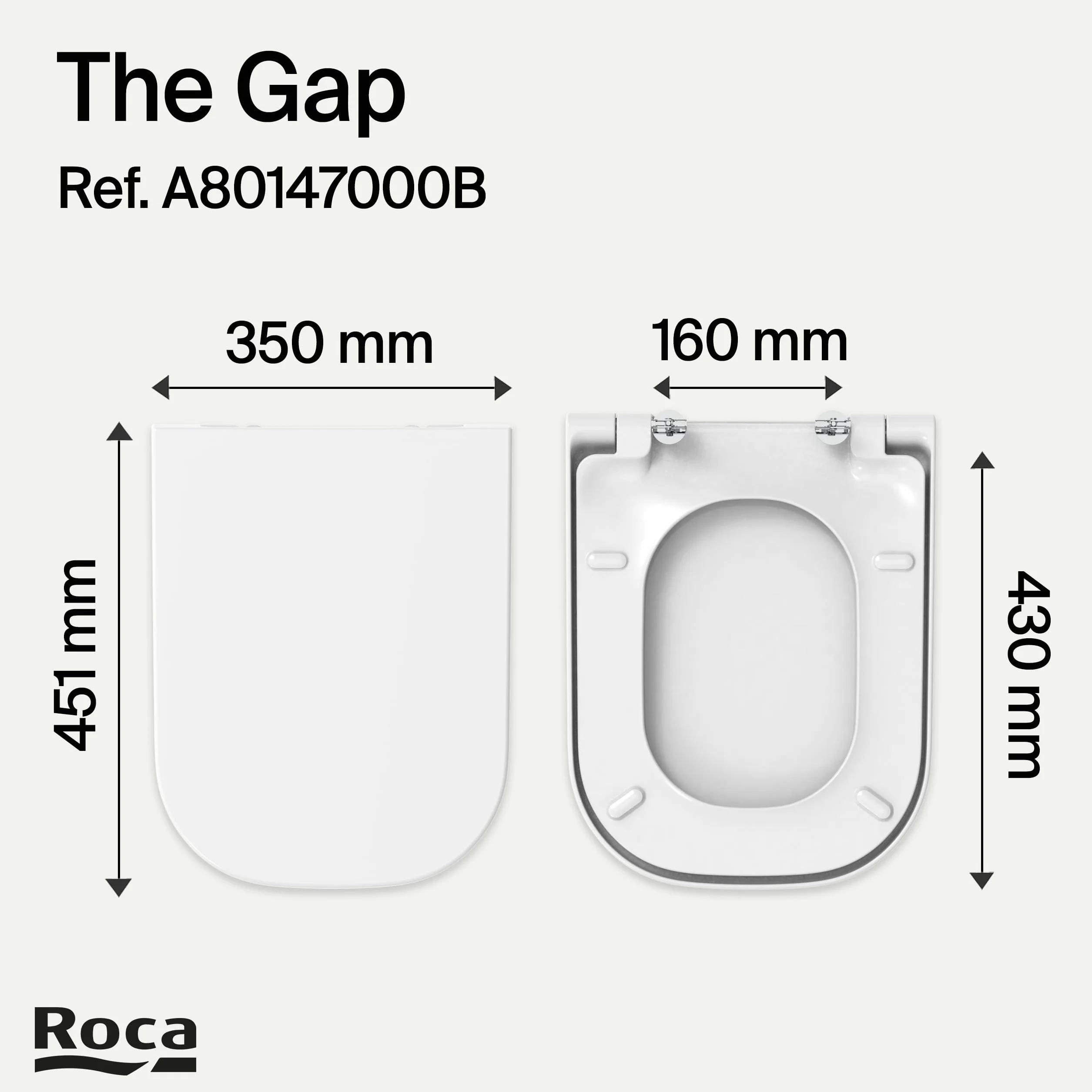 Roca The Gap - Tapa y asiento de Supralit para inodoro de tanque bajo, tapadera de WC original con ajuste perfecto, recambio de tapa de váter resistente, blanco, A80147000B