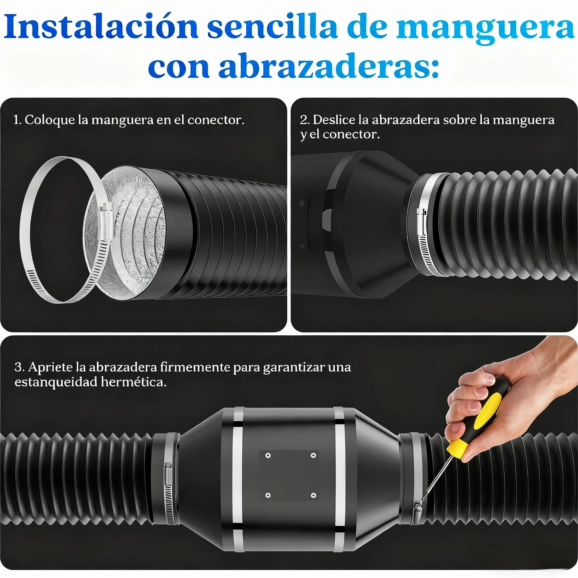 Tubo Ventilación 150mm 5m Negro, Tubo Flexible Aluminio 5 Capas, Silencioso y Resistente al Calor, con Abrazaderas, para Aire Acondicionado Portátil, Cocina, Extractor y Ventilación