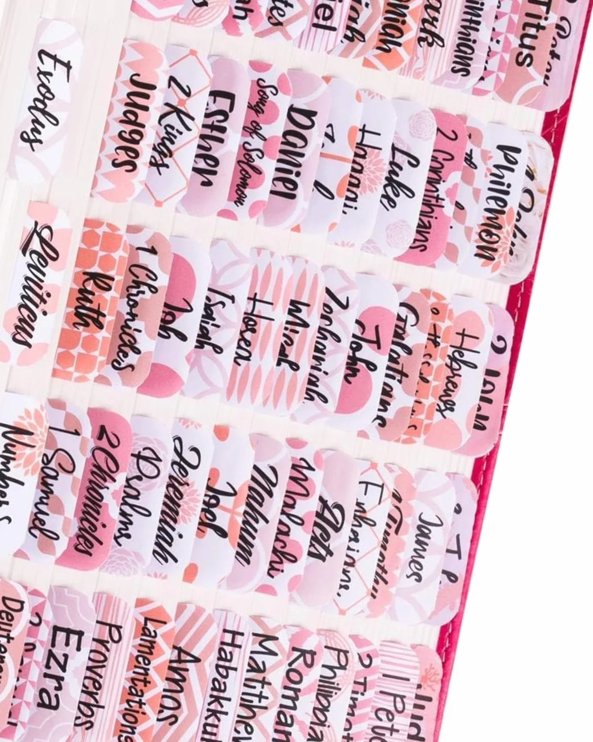 Pestañas de la Biblia para mujeres, 5 hojas, rosa, laminadas, Antiguo y Nuevo Testamento
