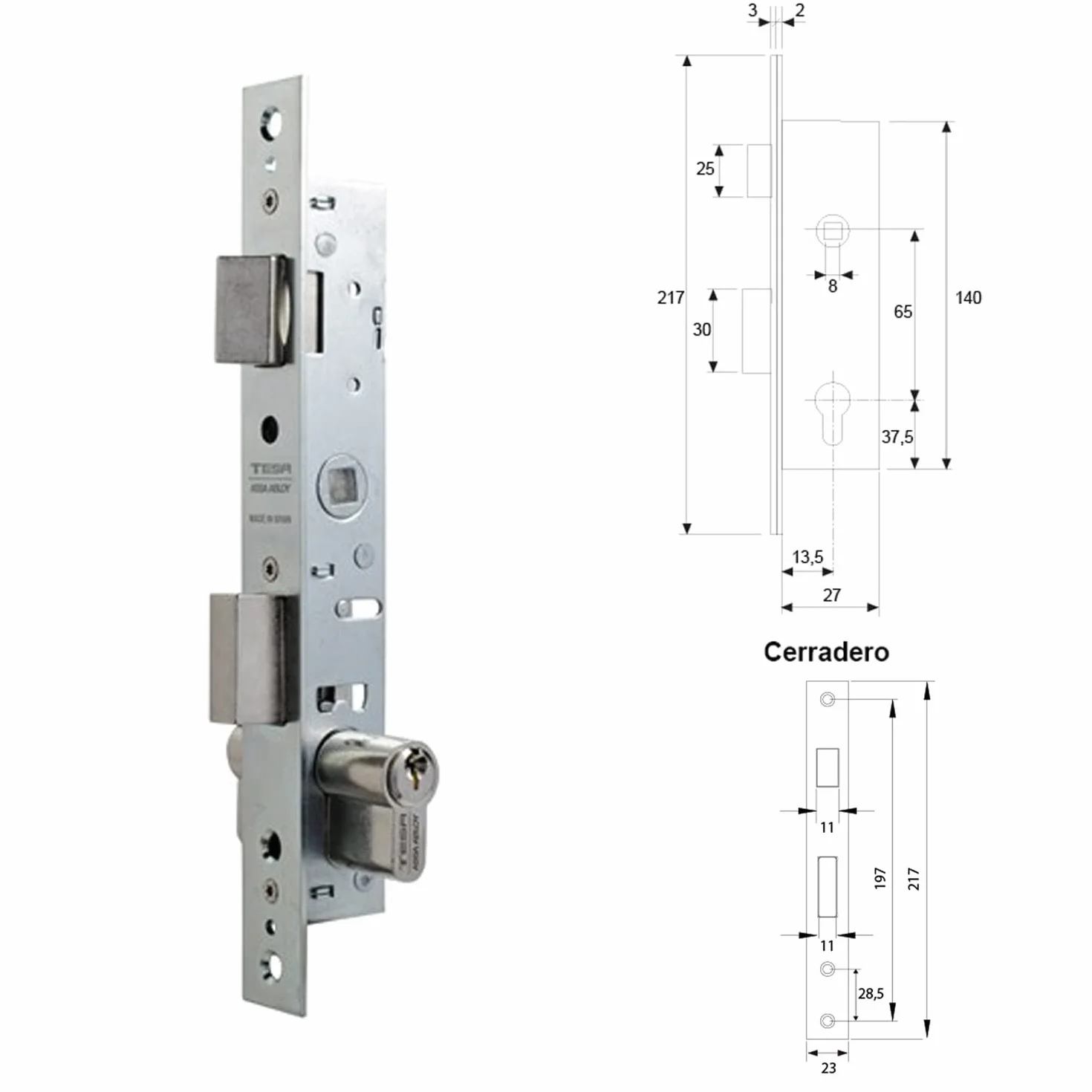 Tesa Assa Abloy 220015HZ Cerradura Monopunto De Palanca Deslizante Para Perfiles Metálicos Zincado Blanco Entrada 13,5 mm 2200 Con Cilindro