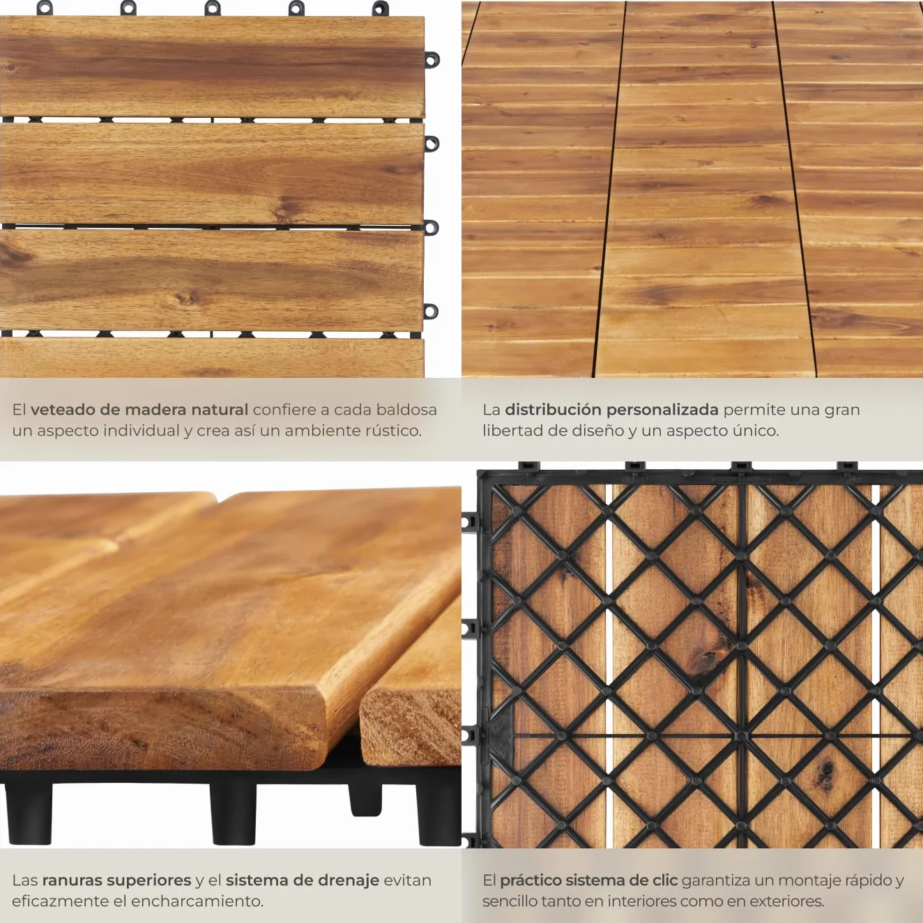 tectake® Set 40x Baldosas Jardín Exterior con 4 Tablones Madera de Acacia, 31 x 31 cm, Suelo Jardín con Base de Rejilla y Drenaje, Montaje Sistema Clic, Área 1,922 m2- Madera
