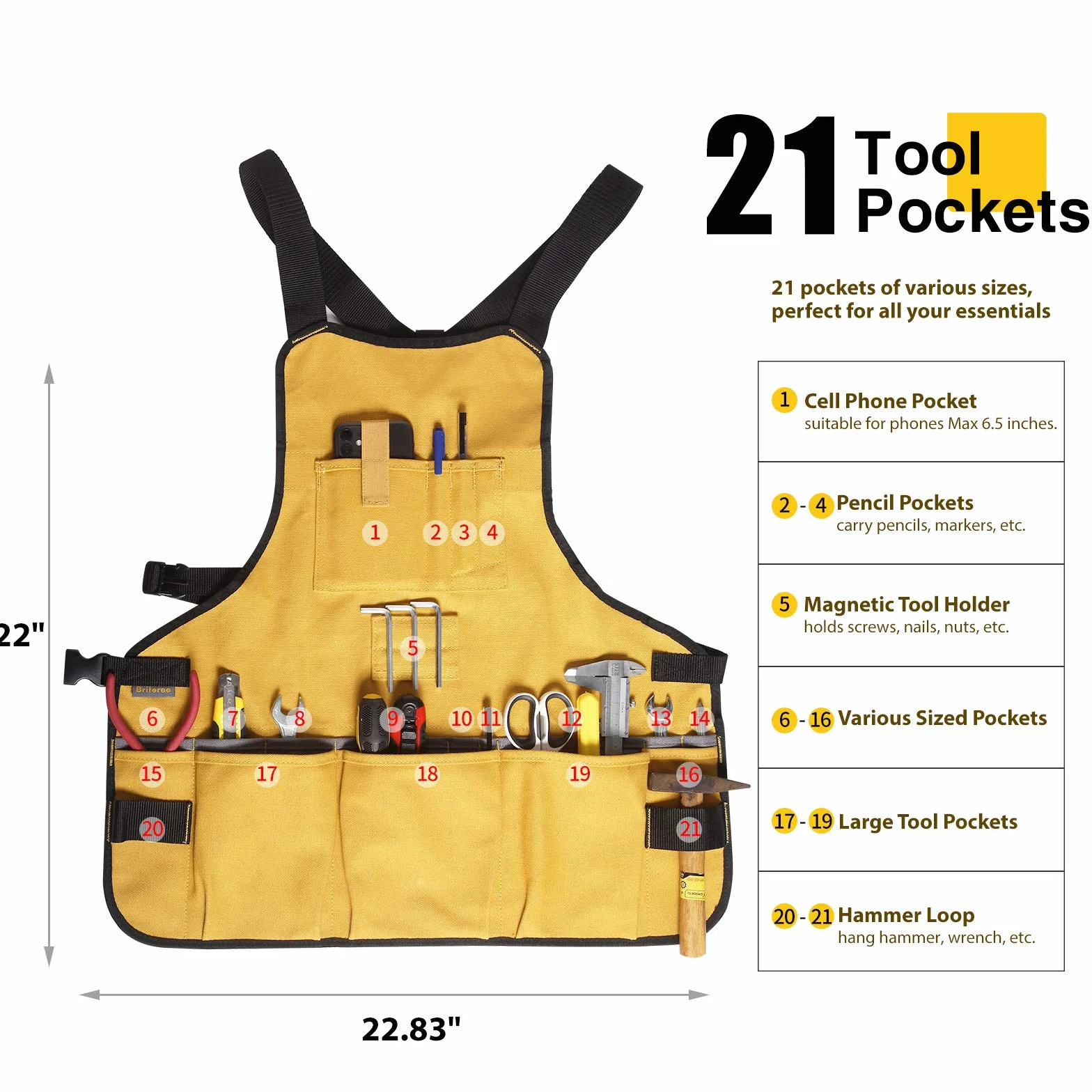 Delantal de herramientas de trabajo para hombres y mujeres, longitud del torso con 21 bolsillos para herramientas, delantal de lona duradero, entusiastas del bricolaje