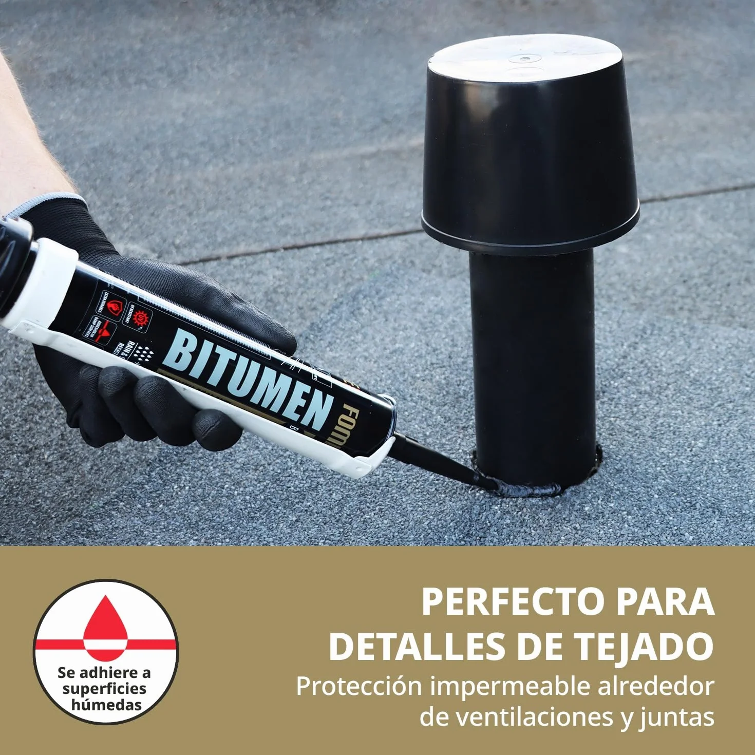 Sellador Bituminoso – Sella Filtraciones en Tejados y Canalones en Húmedo o Seco – Soporta de -50°C a +90°C – Se Adhiere a Betún, Cemento, Madera y Metal – 4 x 300 ml