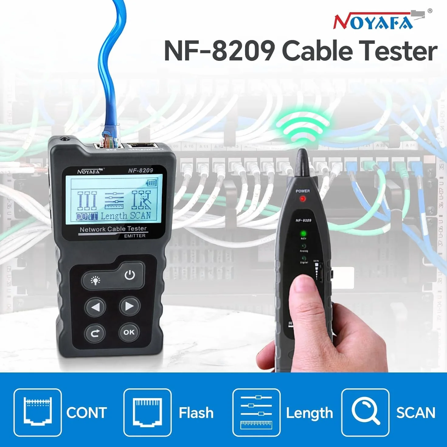 NOYAFA NF-8209 Probador Cables de Red Ethernet - Localizador y Medidor de Longitud para Cat5/Cat6, Rastreador Multifunción con Prueba PoE, Detección de Fallos y Parpadeo de Puertos