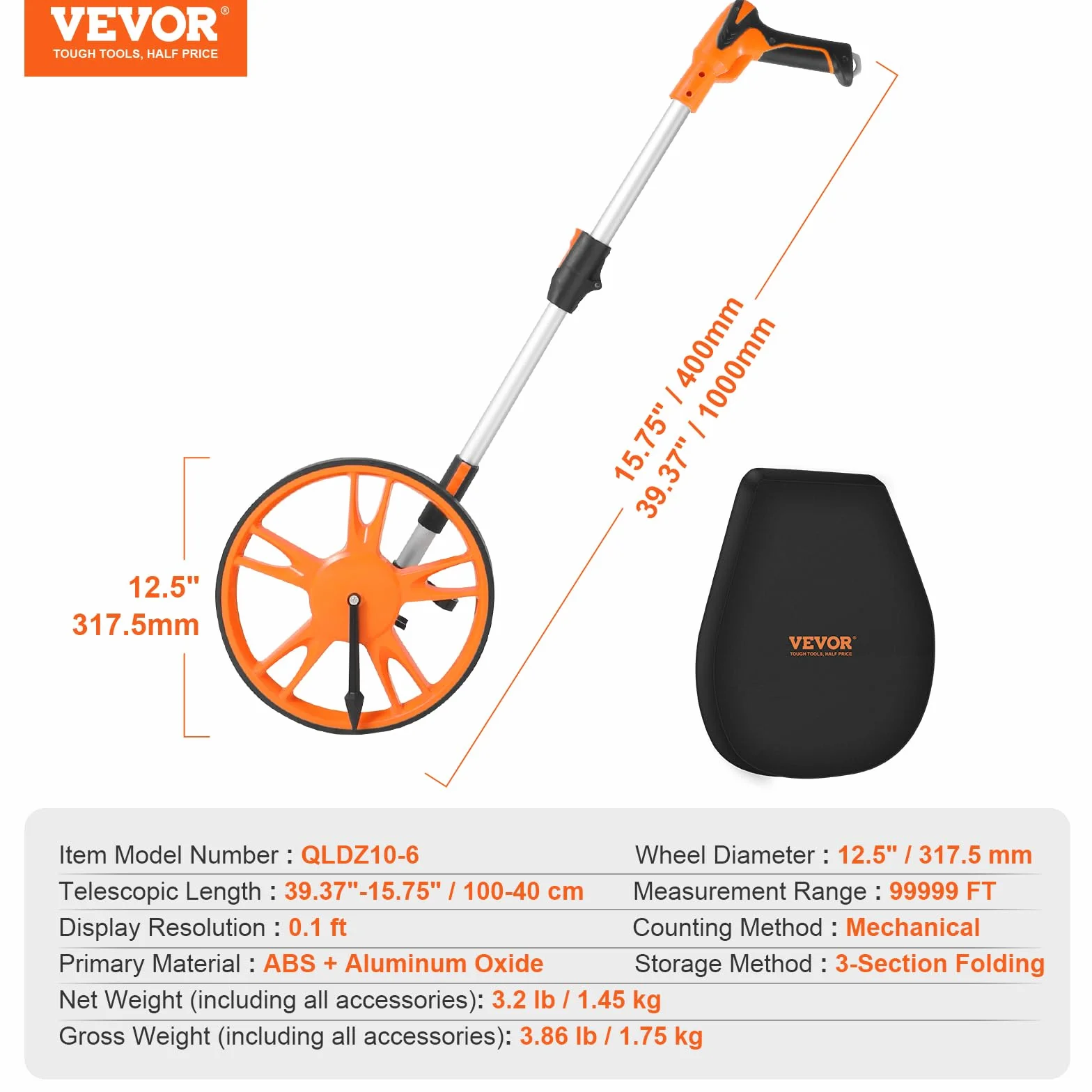 VEVOR Odómetro de Rueda para Medición de Distancia Diámetro de Rueda de 317,5mm Topómetro Medición de Distancia Mango Telescópico de 100-40cm Rango de Medición de 99999,9 pies con Mochila para Caminos