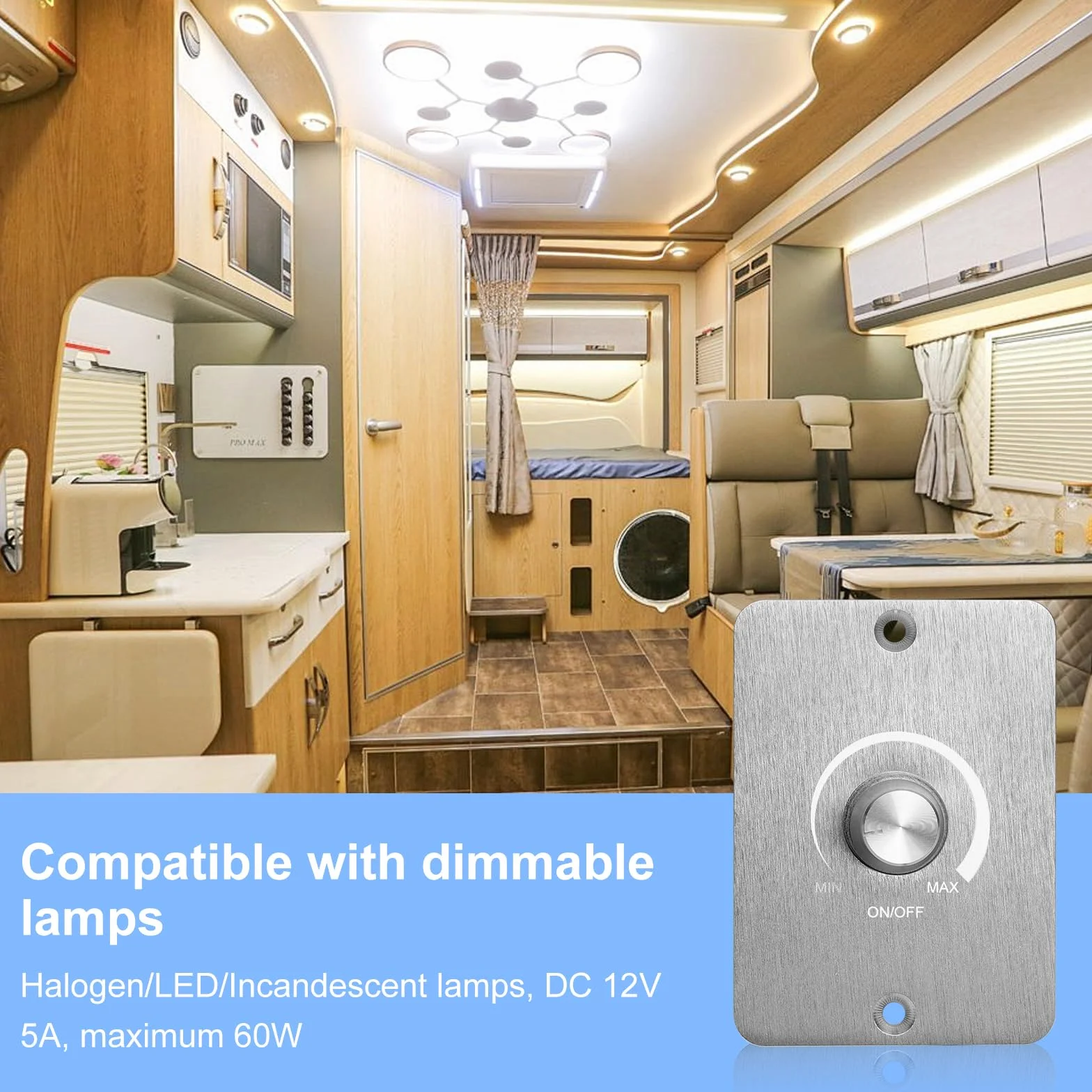 VOSSOT interruptor regulador de luz de 12 V para lámparas LED, regulador de luz de 12 V y 5 A para lámparas LED, sin parpadeos, regulable de forma continua – dimmer para iluminación de autocaravanas