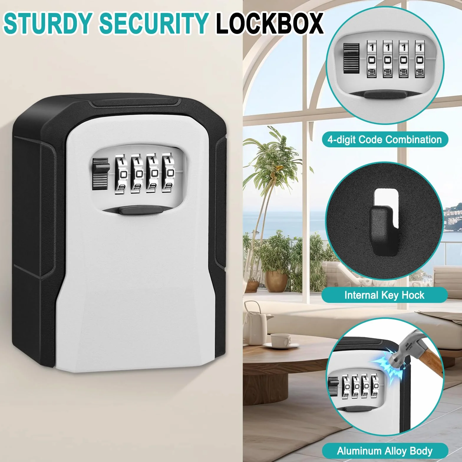 Caja de Seguridad para Llaves Exterior Impermeable Cajetin con Codigo 4 Dígitos Grande Resistente Pared Cajas Seguridad Combinación para Hogar Garaje Oficina Gimnasio