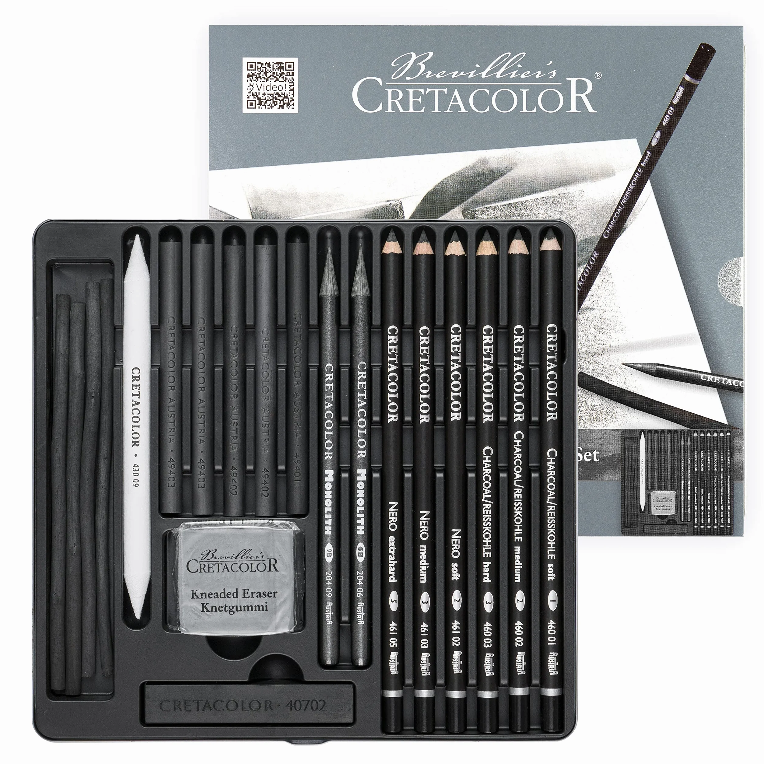 CRETACOLOR Black Box charcoal set de 20 piezas carboncillo y materiales de dibujo con goma de papel y goma amasada