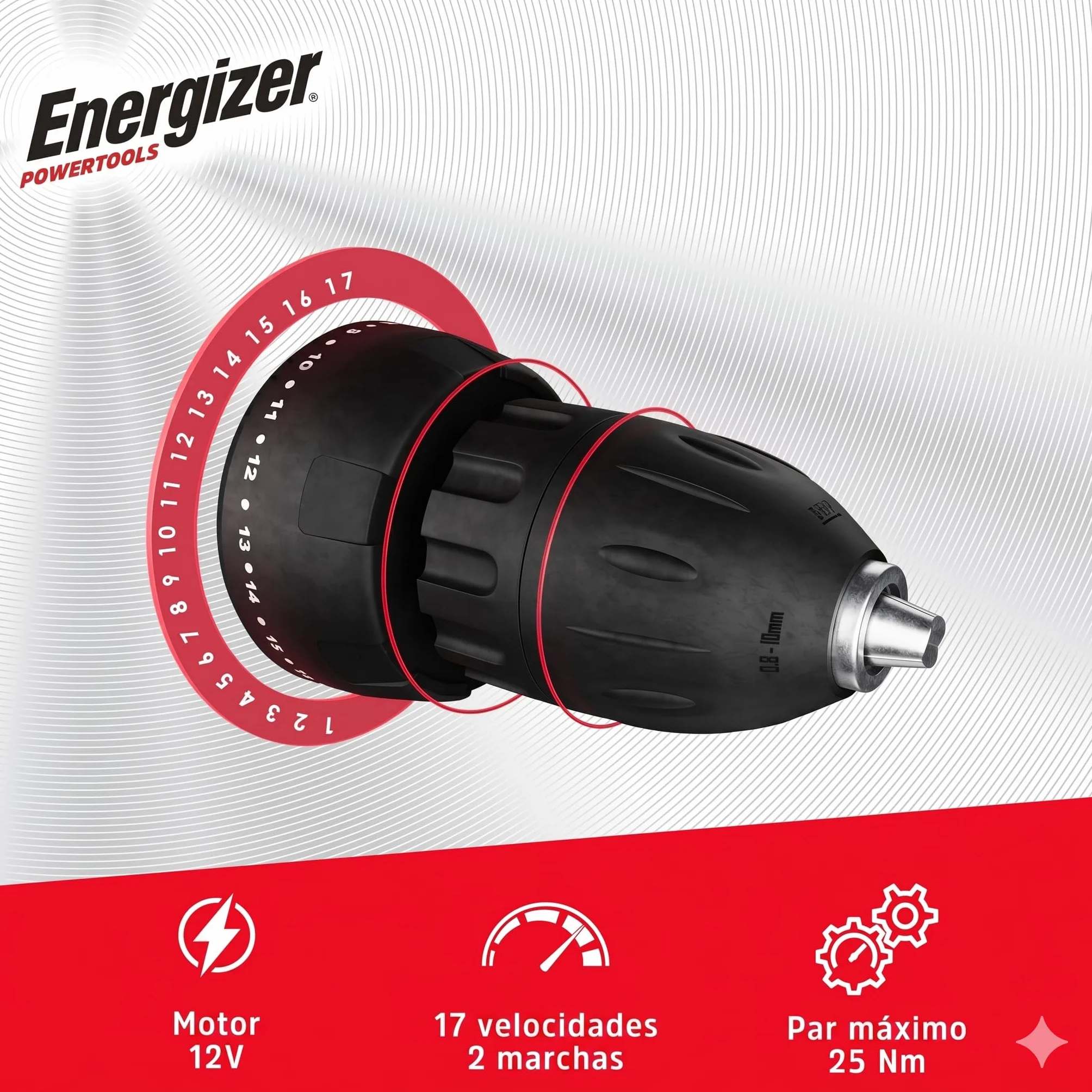Destornillador inalámbrico Energizer de 12 V – Batería recargable integrada – 25 Nm – Mandril de 10 mm – Cable USB-A/USB-C de 1,5 m – Mango de agarre suave