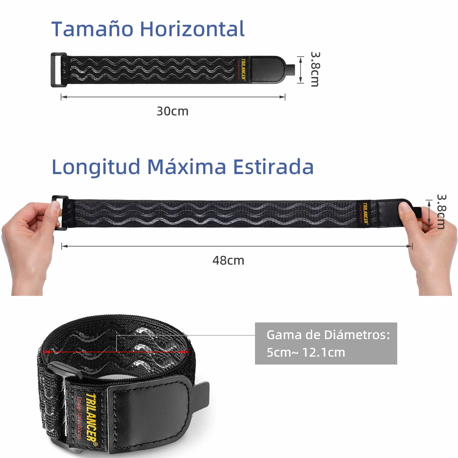 Trilancer Correas de Cincha Elástica con Tiras Antideslizantes,30 cm x 3.8cm (Pack de 8) Correas con Hebilla Multiusos con Lengüeta de Tirado Fácil para Cables,Cuerdas,Mangueras, Bicicletas,Pantalones