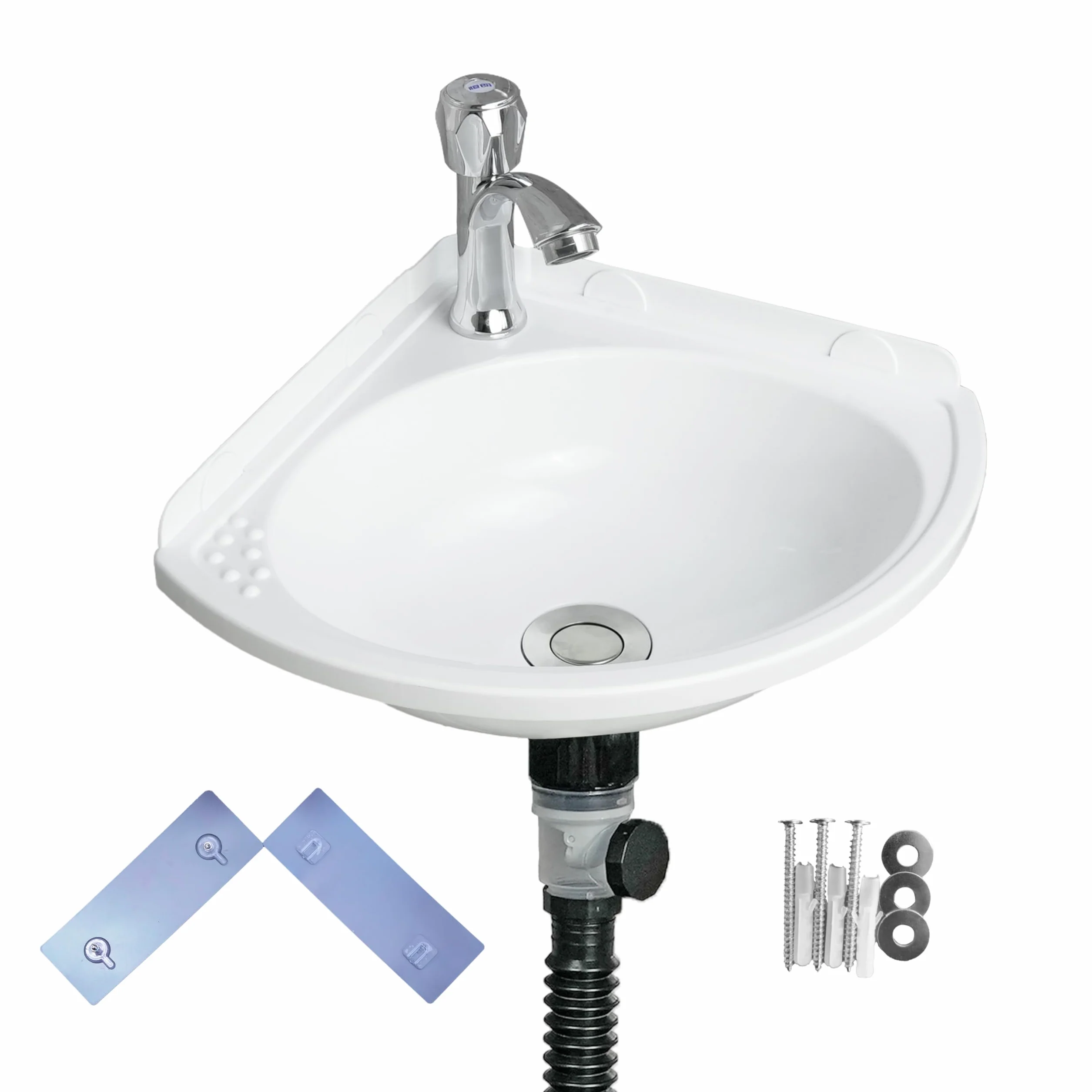 Fregadero de baño pequeño para montaje en pared, lavabo triangular sin taladro, autoadhesivo, 12 x 12 pulgadas con agujero para grifo de 1.26 pulgadas, mini fregadero de plástico para el hogar