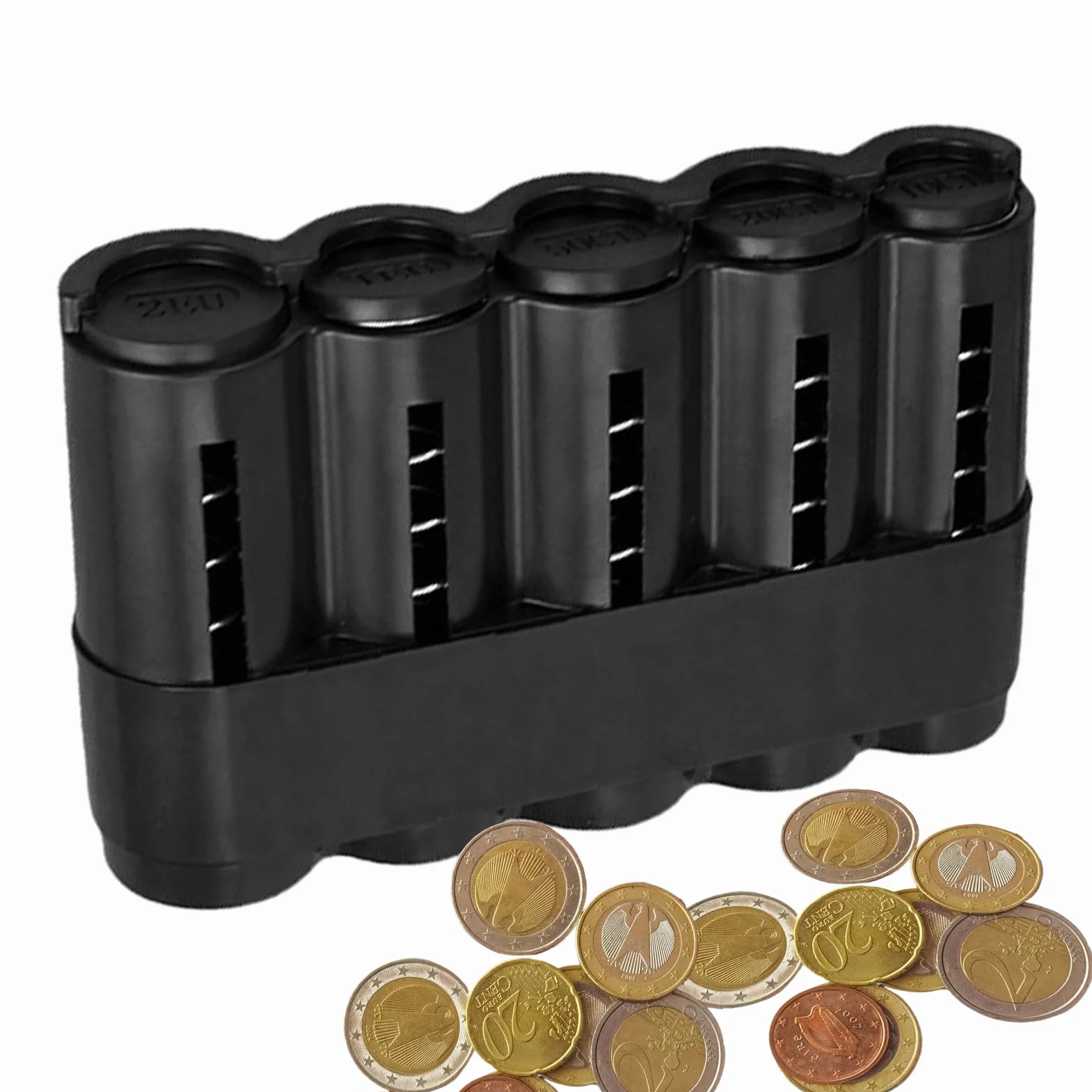 Caja para monedas dispensador de plástico negro 5 denominaciones 2EU 1EU 50CT 20CT 10CT