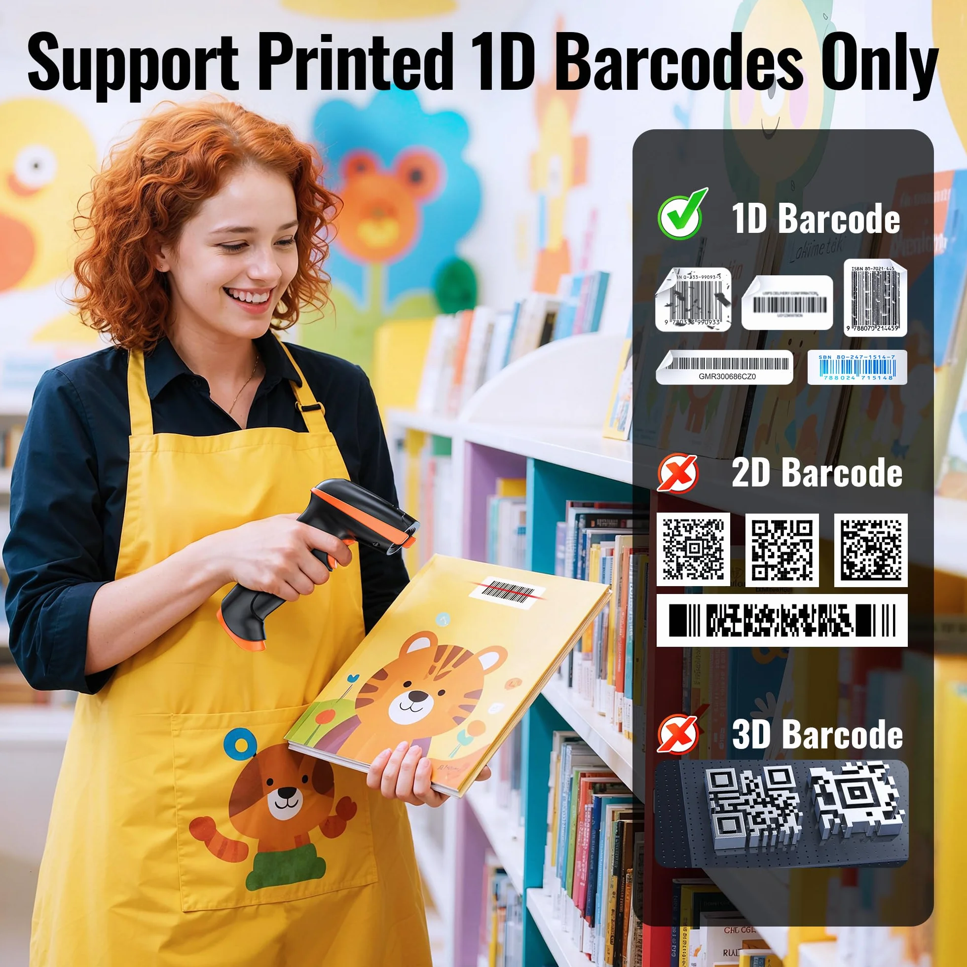 Tera Lector de Código de Barras Portátil Inalámbrico 1D Láser Inalámbrico y con Cable USB Indicador de Nivel de Batería Extra Grande de 2000mAh, Modelo 5100, Naranja/Negro