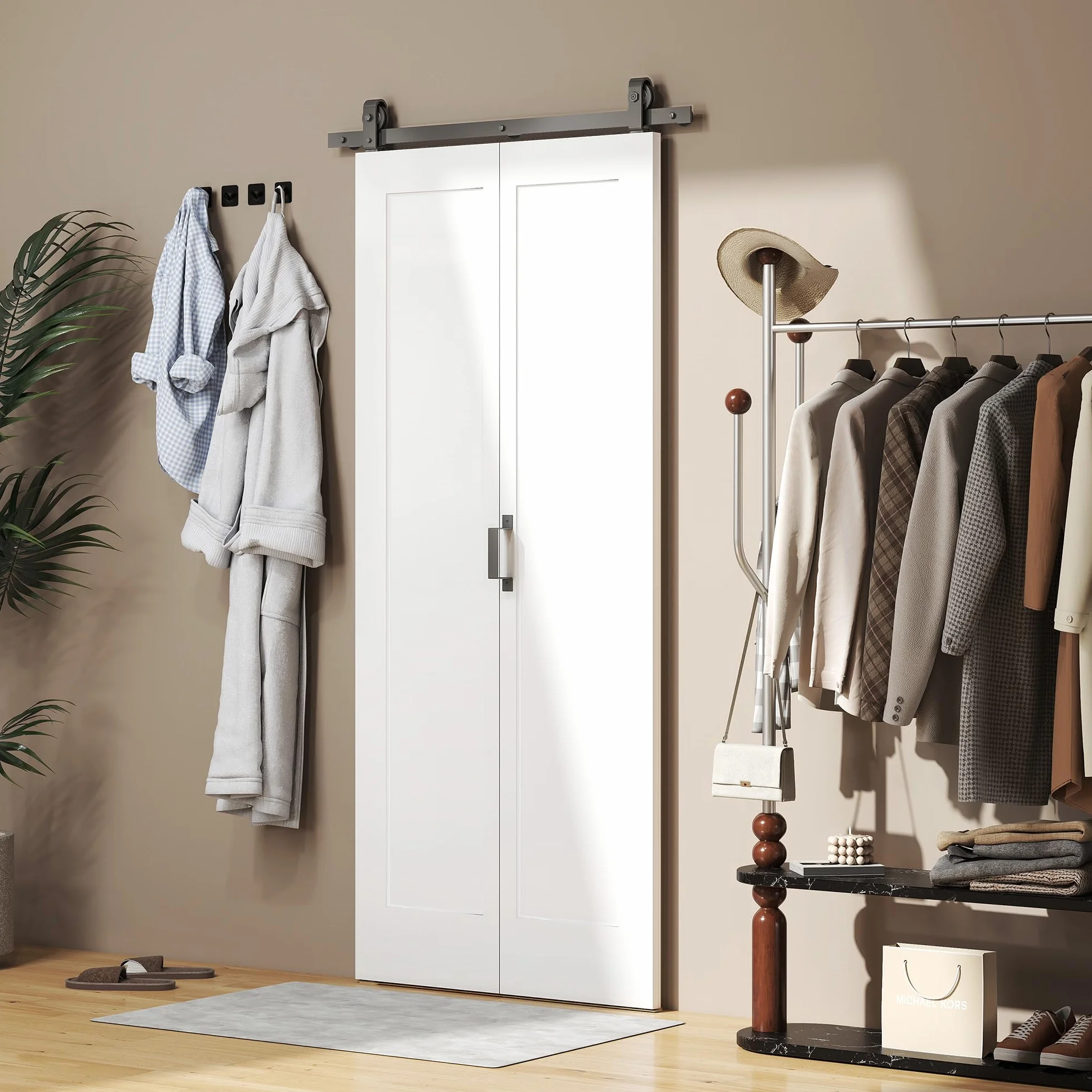 HOMCOM Puerta Corredera con Herrajes Puerta Plegable Corredera con Acabado Personalizable Tirador Fácil Montaje para Baño Salón Sala de Estar Cocina 90x210 cm Blanco