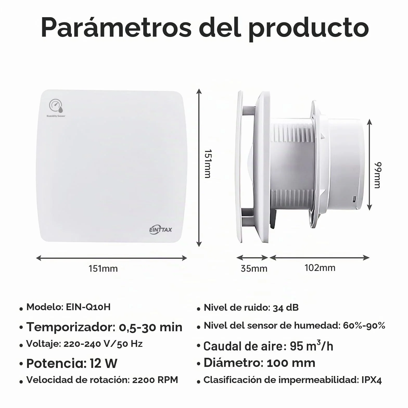 Ventilador extractor silencioso 100 mm baño sensor humedad temporizador blanco cuadrado 95 m³/h pared ventana cocina ducha
