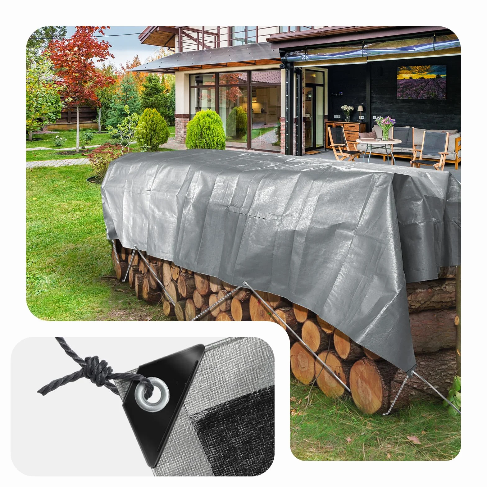 VOUNOT® Lona Impermeable Exterior 3x5m, Toldo Reforzado PE 240 g/m² Protección contra UV, con Ojales de Acero Inoxidable para Leña, Muebles, Jardín, Piscinia, Vehículos, Gris-Negro