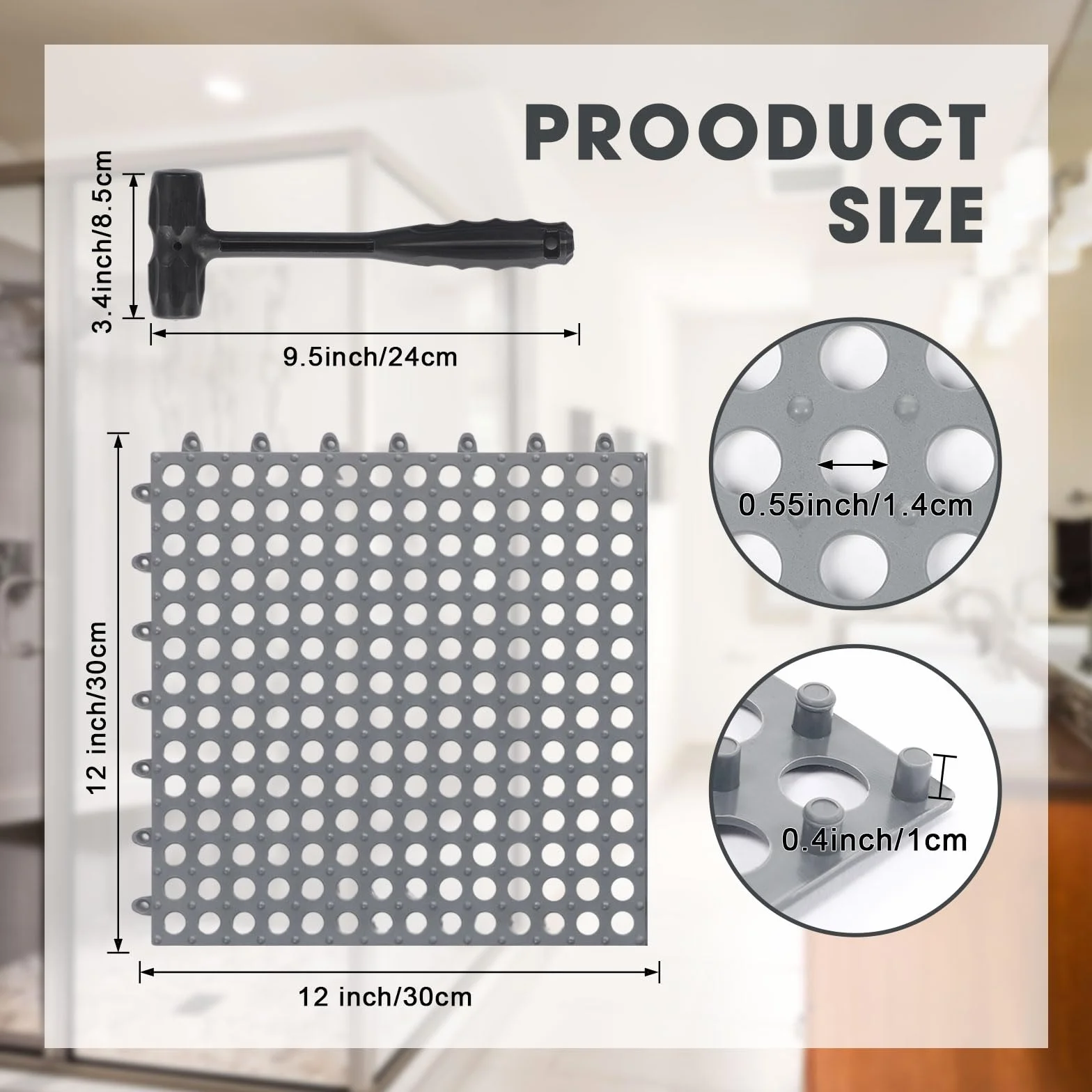 Drydiet Paquete de 8 baldosas entrelazadas con 1 martillo de plástico de 12 x 12 pulgadas, azulejos de drenaje modulares antideslizantes para piscina, baño, cubierta, cocina, patio, balcón, garaje