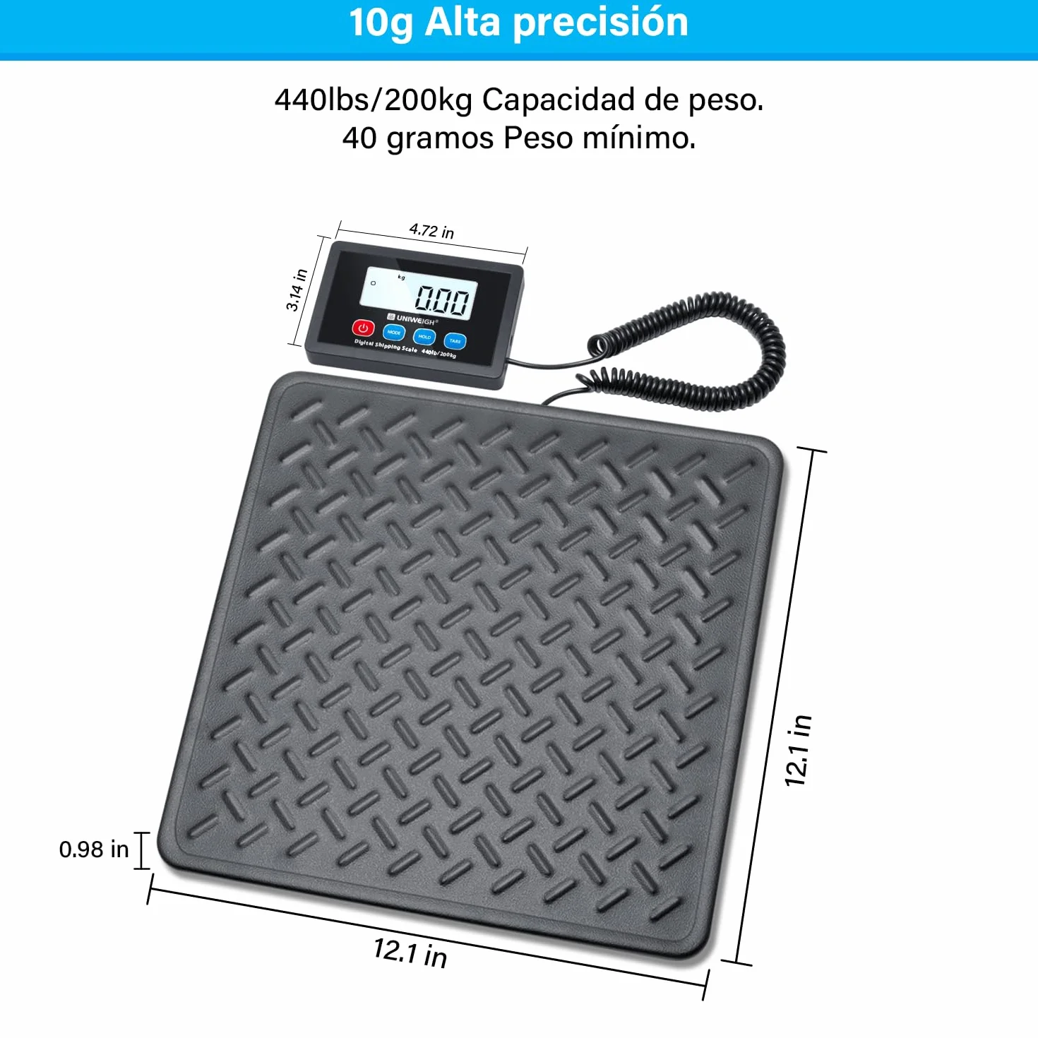 UNIWEIGH Báscula digital de precisión 10 g, plataforma de acero, para paquetes, con LCD/Hold/Tara, pilas y USB