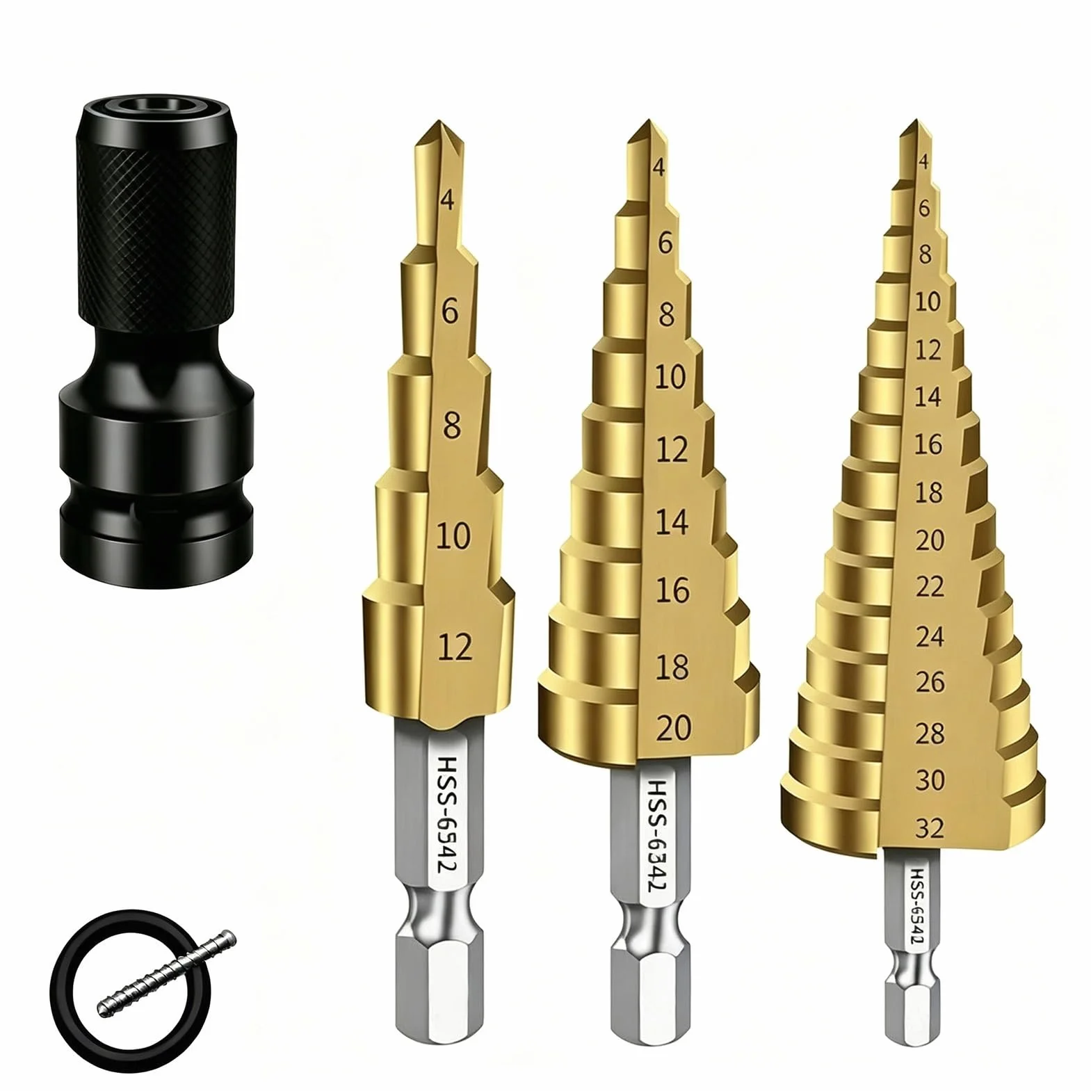 Juego de brocas escalonadas HSS 6542 de 3 piezas, cortador de cono | Adaptador de vástago hexagonal de flauta recta para madera, 4-12 mm, 4-20 mm, 4-32 mm, acero de alta velocidad 6542