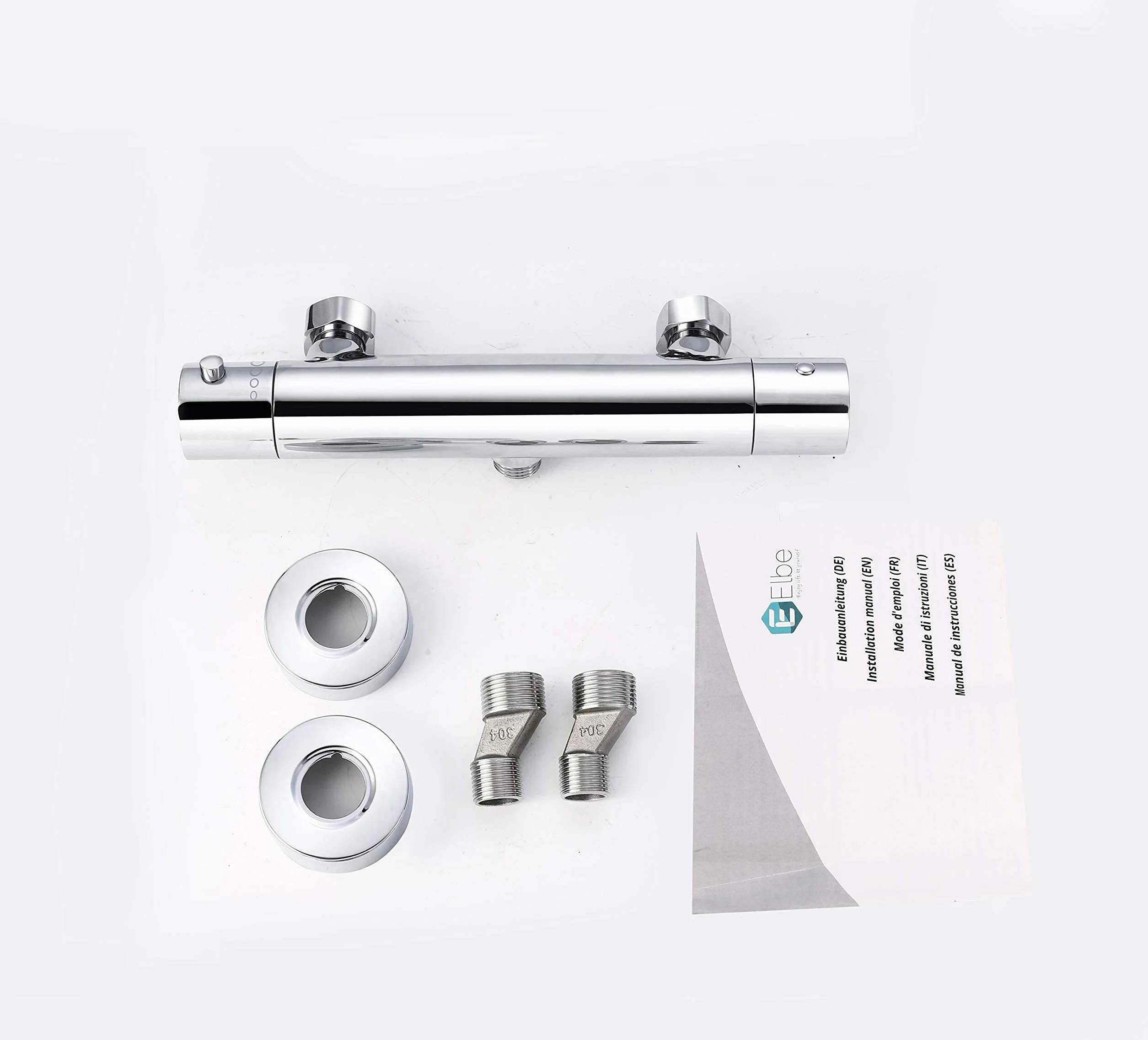 Elbe®Grifo termostatico ducha con protección contra las quemaduras superficiales, grifería de ducha de latón, cromada, con botón de seguridad de 38°C, para un funcionamiento más seguro y cómodo