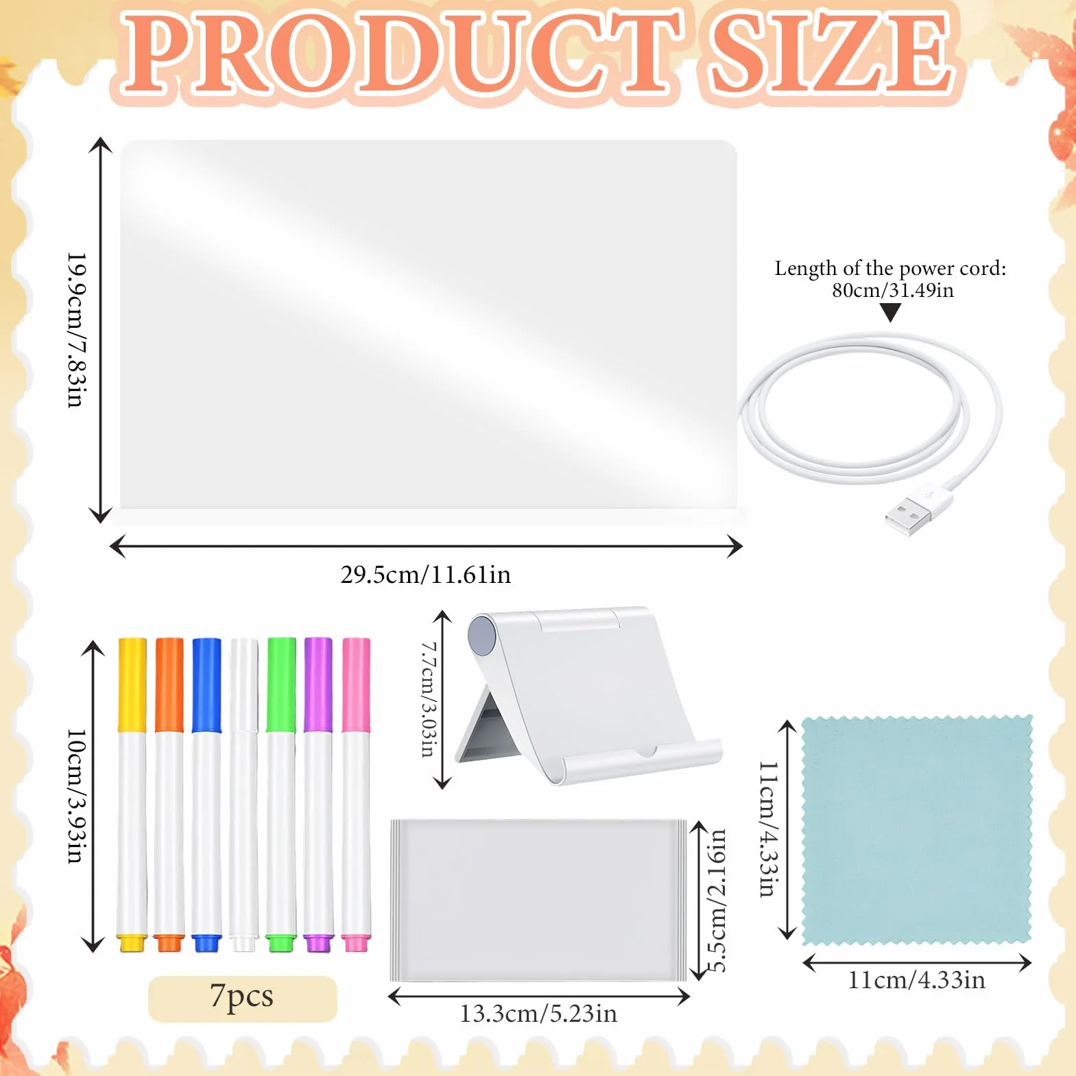 Tablero Acrílico Luminoso LED Mensaje 20x30 cm 7 Colores Bolígrafo Soporte Ajustable