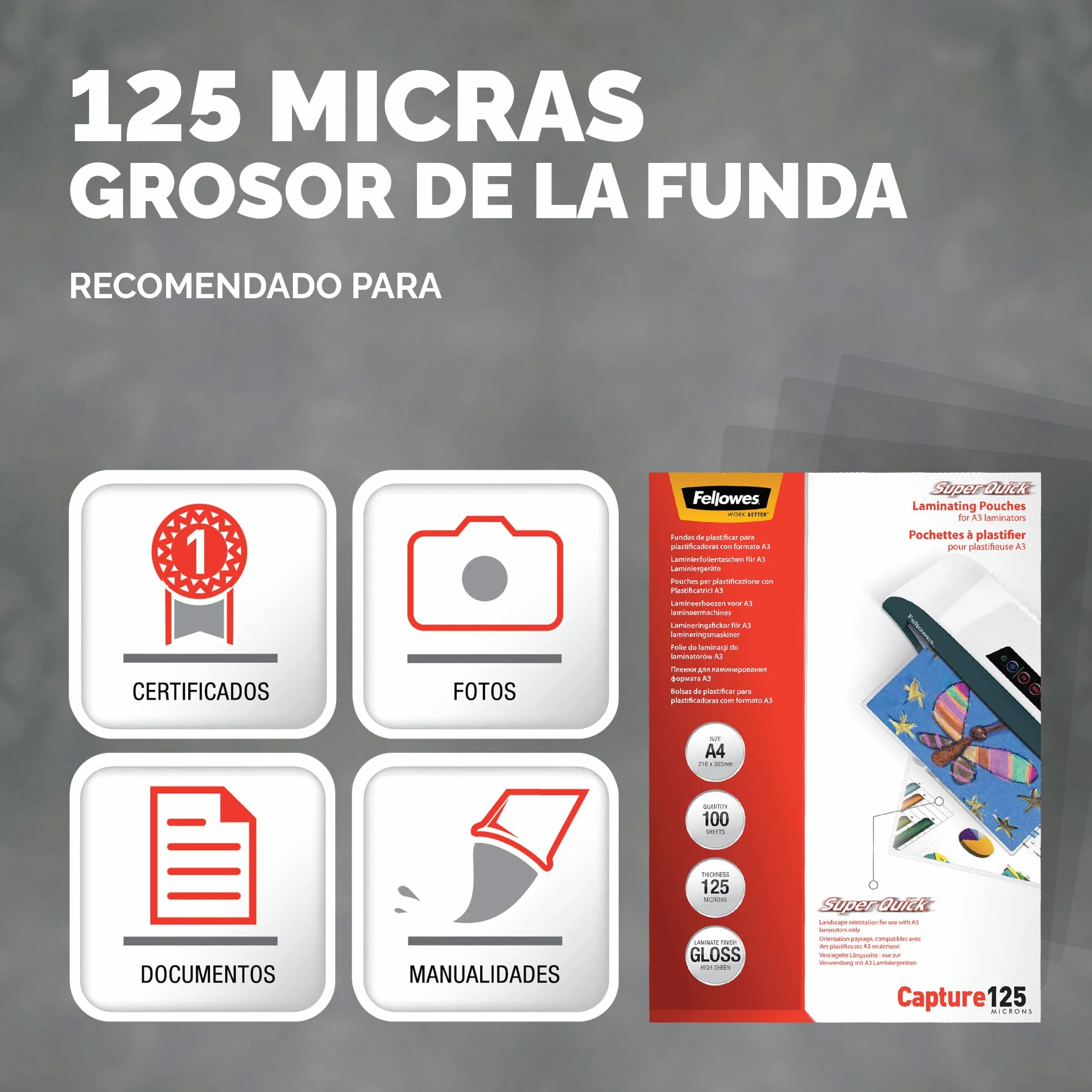 Fellowes 100 fundas de plastificar A4 125 micras Brillo Alta Velocidad Plata