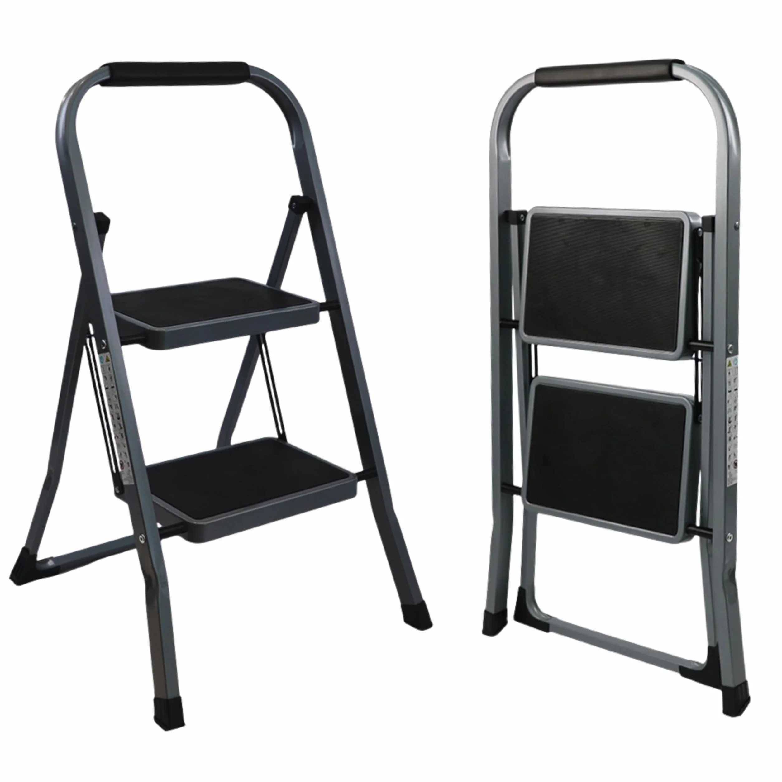 Escalera Plegable de Aluminio para hogar y Cocina, 2 peldaños, Gris, peldaños Anchos Antideslizantes, asa de Agarre cómodo, EN 131
