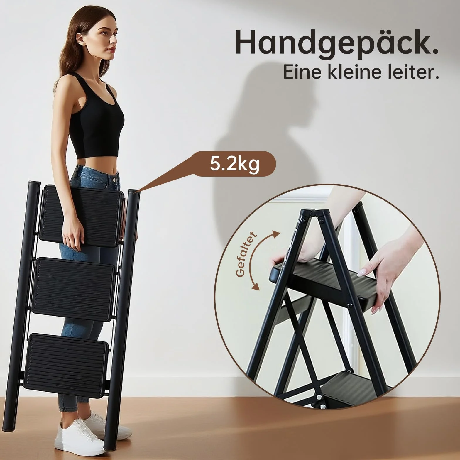 Escalera plegable en 3 peldaños, portátil, capacidad de 250 kg, con pedal ancho antideslizante, para el hogar, cocina, oficina, garaje