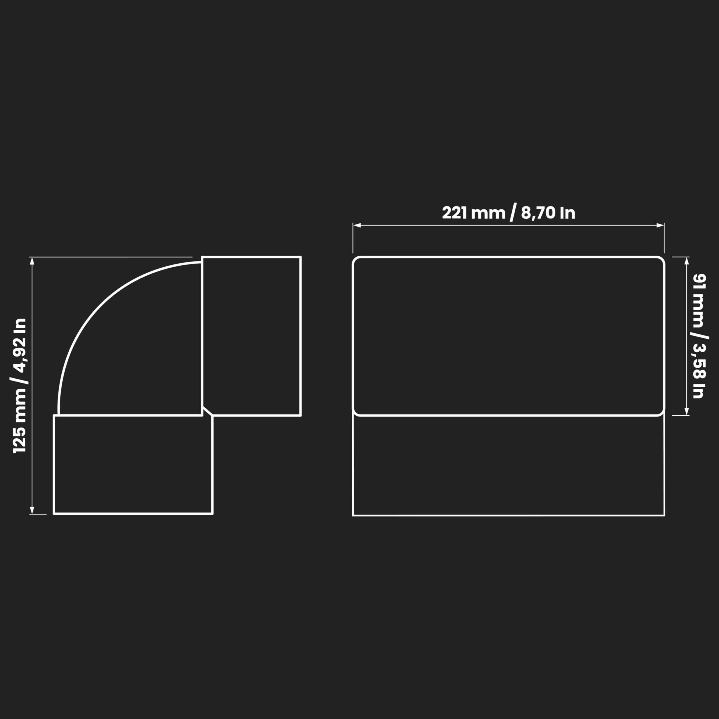 Repa Market 220 x 90 mm Codo de canal rectangular para conexión de tubería - Ángulo: 90° - Sistema de ventilación, calefacción, refrigeración - Elemento de ventilación para espacios limitados.