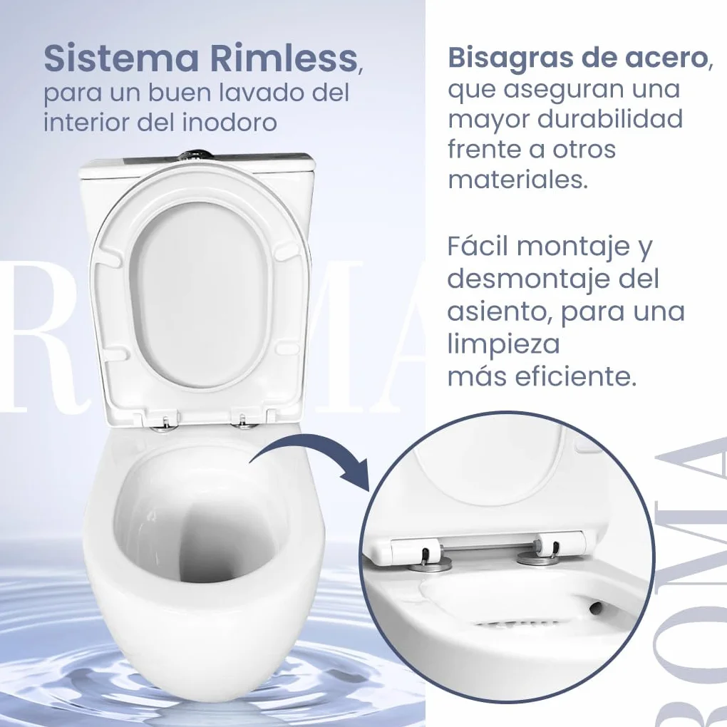 Inodoro Completo - WC Inodoro Completo con Sistema Rimless Antibacterias - Vater Baño con Tapa Dura Extrafina Amortiguada - Salida Dual Eficiente con Ahorro de Agua - WC para Hogar Blanco