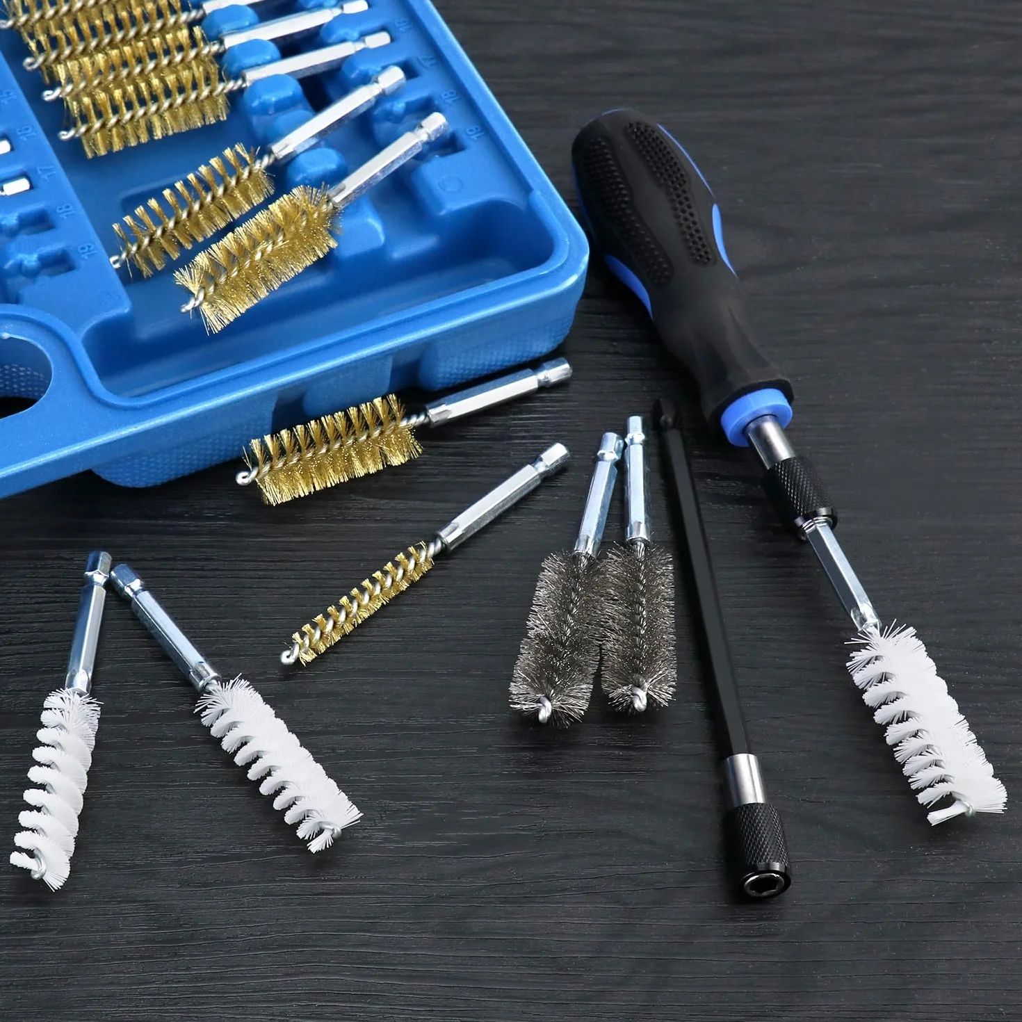 QWORK® 38 uds. Juego de cepillos redondos de nailon/acero inoxidable/latón, cepillos limpiapipas limpia-inyectores Ø8-19 mm con extensión de 150 mm para limpieza y desbarbado