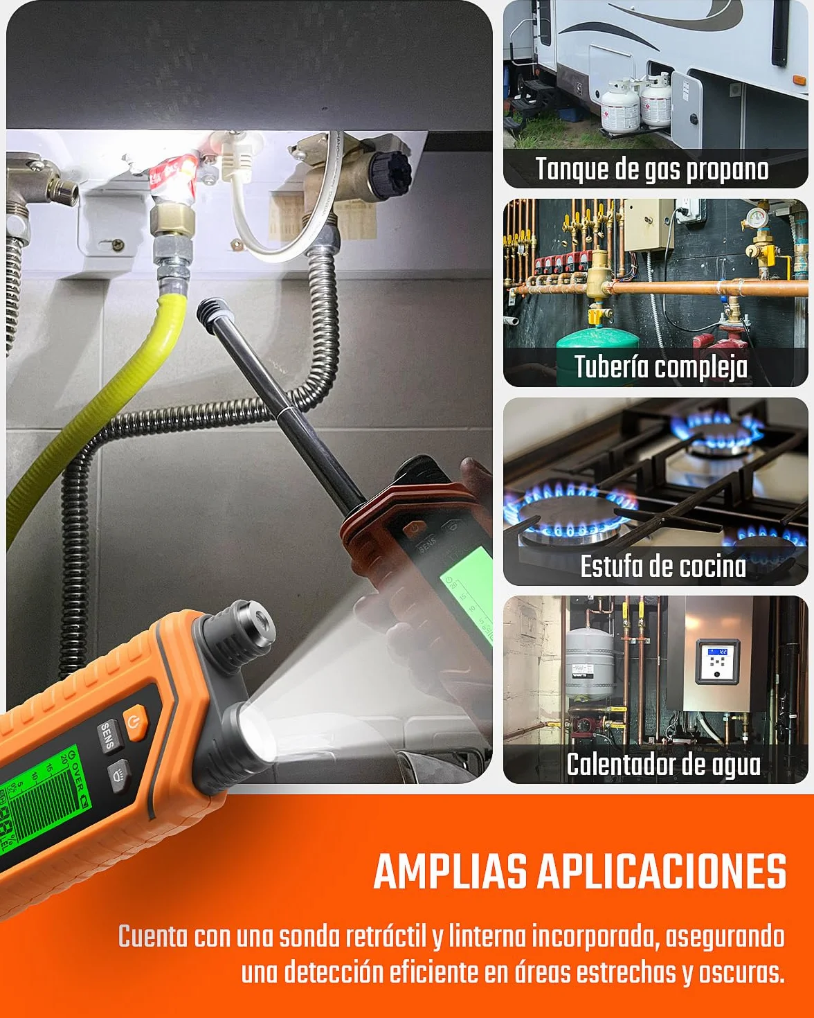 TopTes PT760 Detector de Gas Natural Recargable, Detector de Fugas con Sonda Extensible de 30cm, Sensor%LEL para Propano, Metano, Butano y Gases Combustibles en el Hogar o RV con Linterna - Naranja