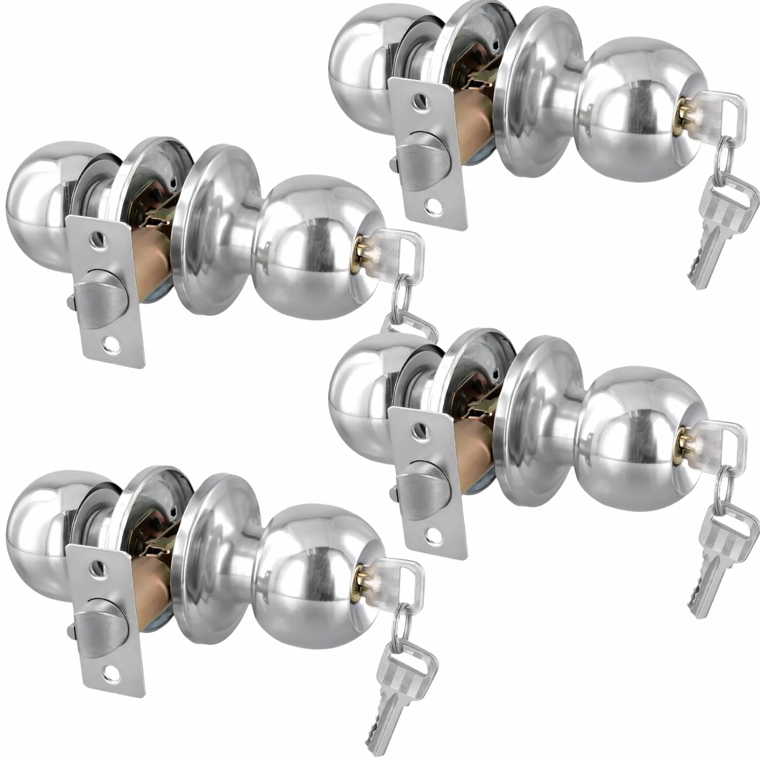 Paquete de 4 manijas redondas de 65 mm, kit de cerradura interna de acero inoxidable con cerradura con 3 llaves para puertas de 25 a 45 mm de grosor, para dormitorio, baño