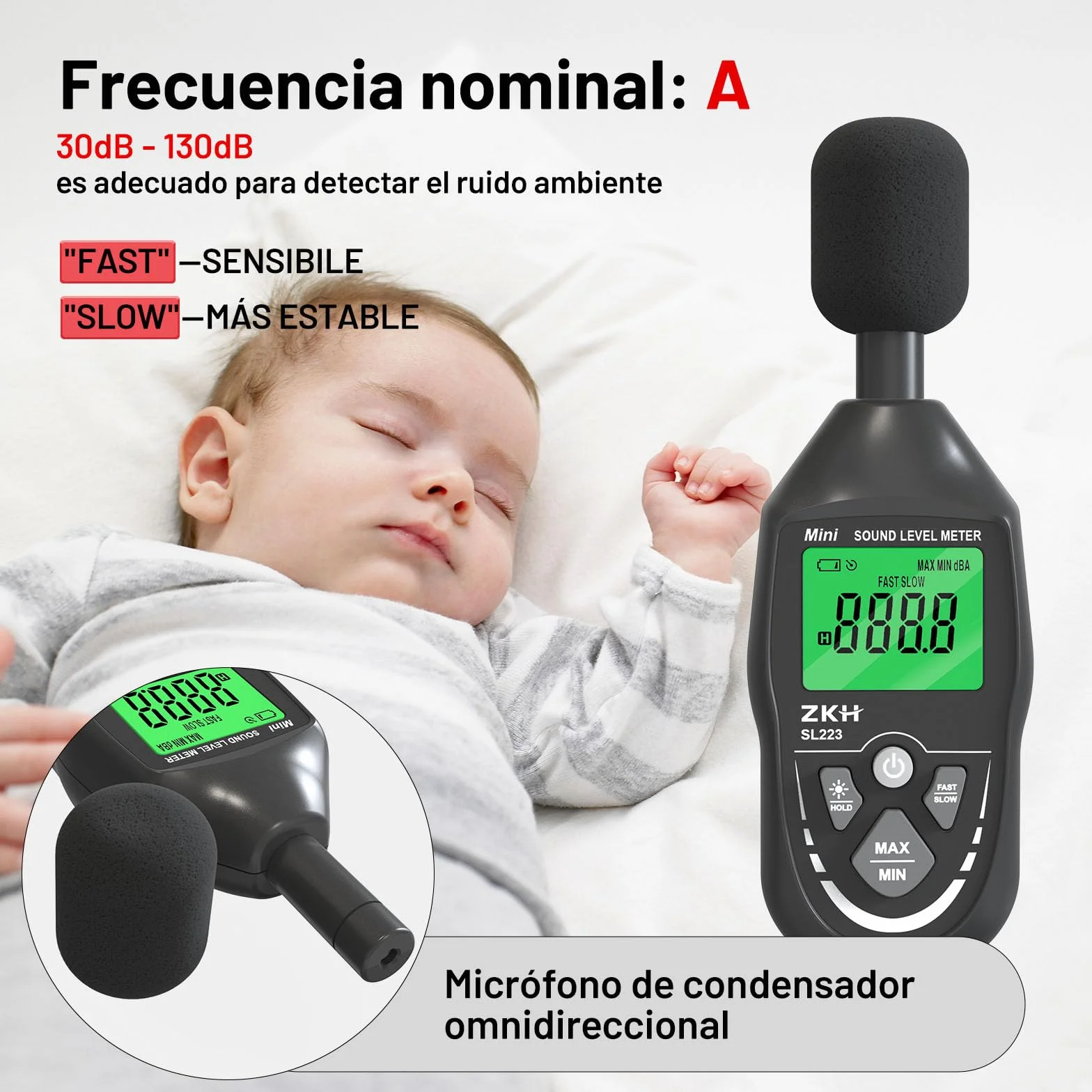 ZKH Sonometro Digital Portátil Rango 30-130dB Pantalla LCD Ponderación A Precisión ±1.5dB