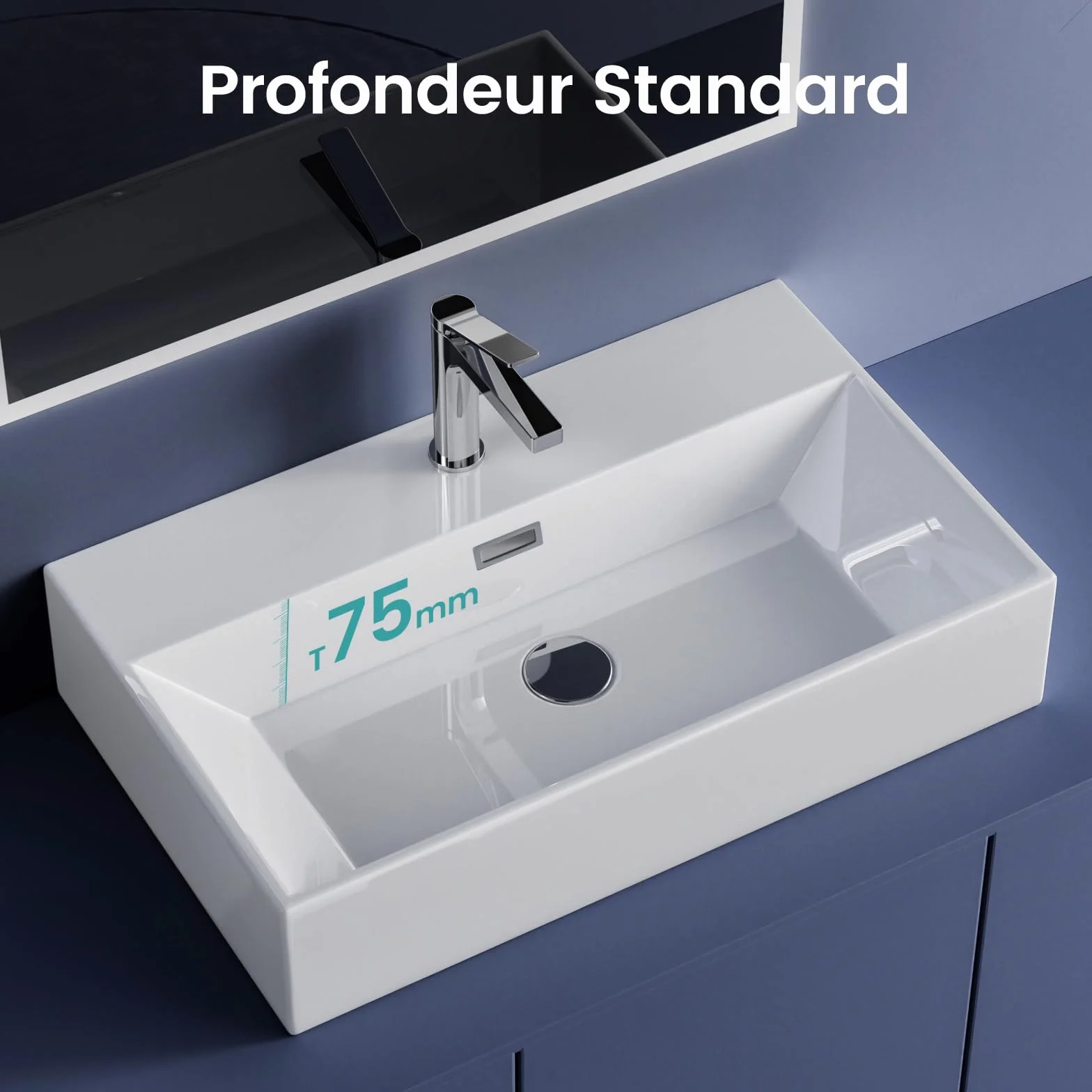EMKE Lavabo de diseño moderno, lavabo colgante de cerámica de alta calidad con borde fino, lavabo para cuarto de baño y WC invitados, 415 x 360 x 130 mm, blanco, lavabo cuadrado, lavabo en plano