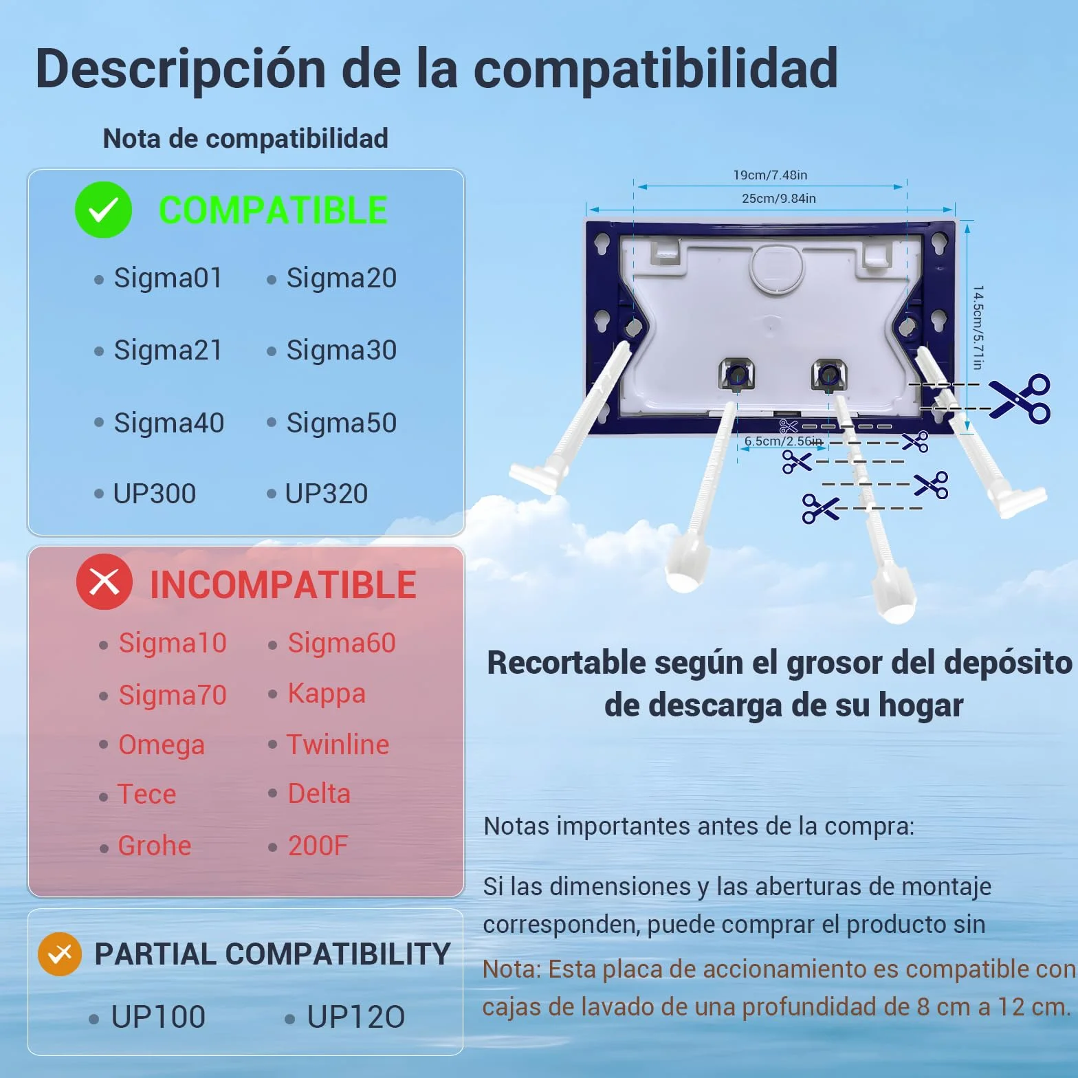 Placa de Accionamiento WC, Compatible con Geberit, Sigma, UP300 y UP320, Tamaño Placa de Doble Descarga 245×164mm, Incluye Kit de Palanca de Descarga y Marco de Instalación. (Blanco mate)