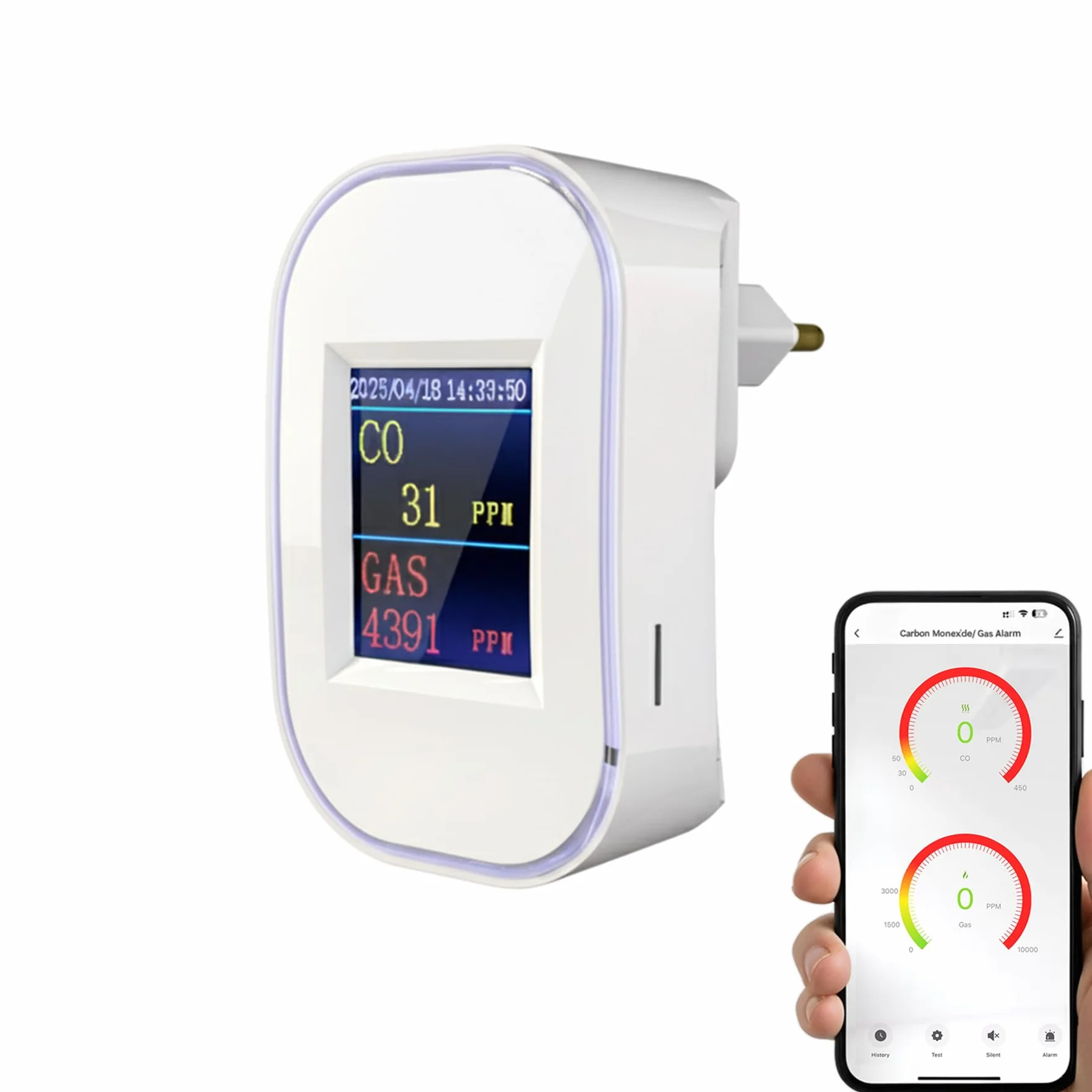Detector de Gas y Monóxido de Carbono WiFi con Enchufe, Pantalla LED, App Tuya/Smart Life, EN50291 & EN50194
