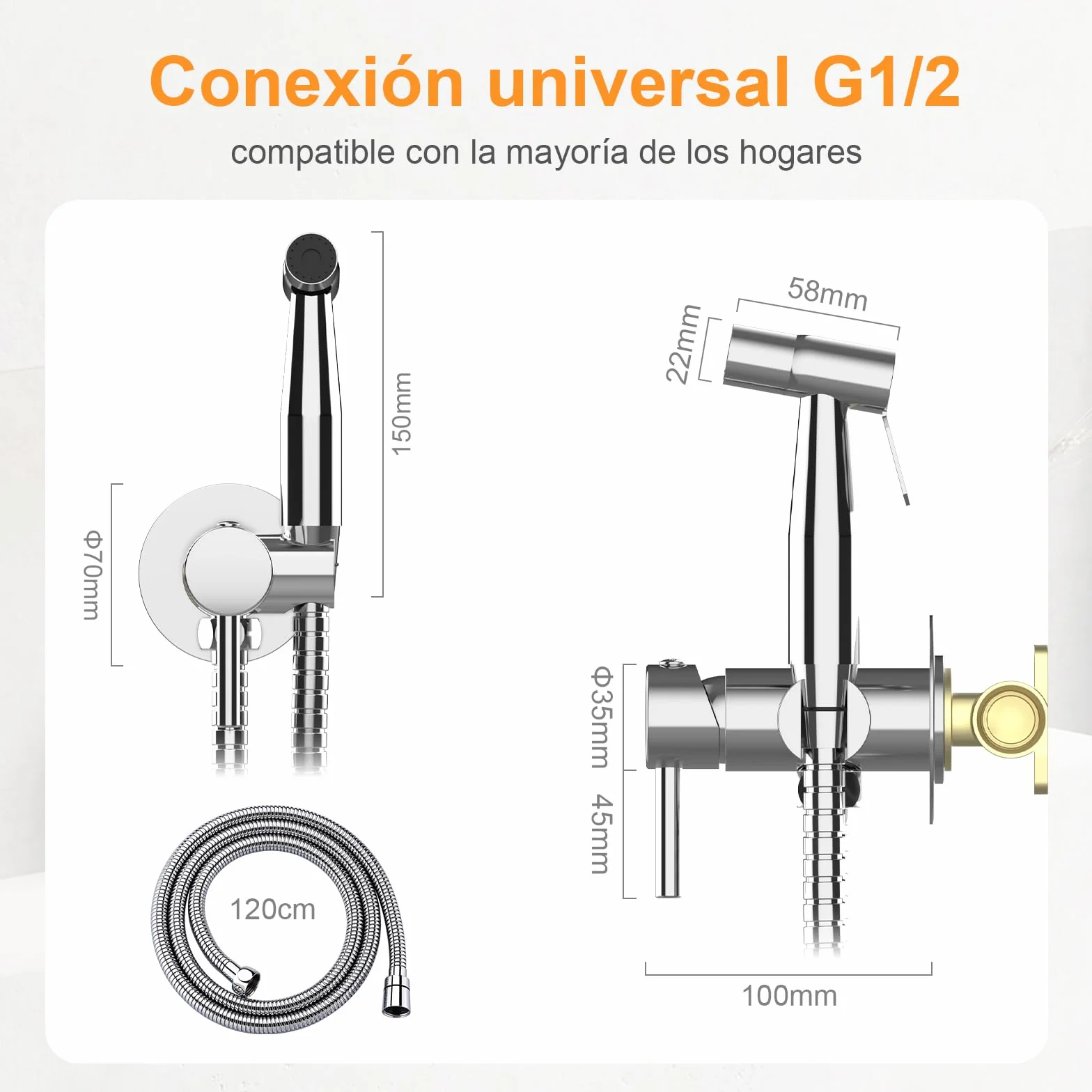 Ibergrif M22004 Grifo Empotrado para WC y Bidé Mezclador Monomando Ducha de Mano Acero Inoxidable 1.2m Plata