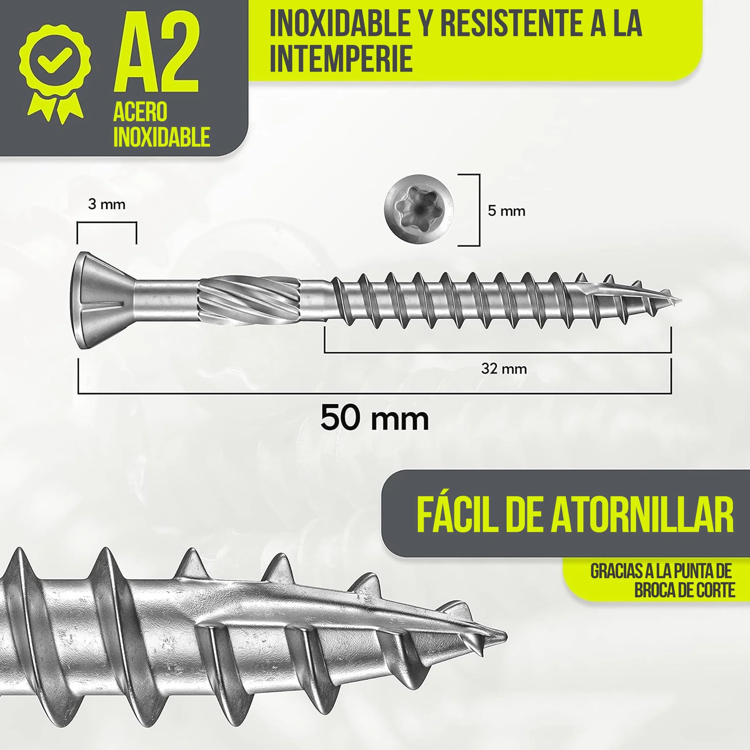 Tornillos para terraza Muesca de corte Torx | A2 TX25-5,0x50mm - 200 uds| Tornillos para tarimas de acero inoxidable de primera calidad con recubrimiento deslizante, tornillo tarima madera