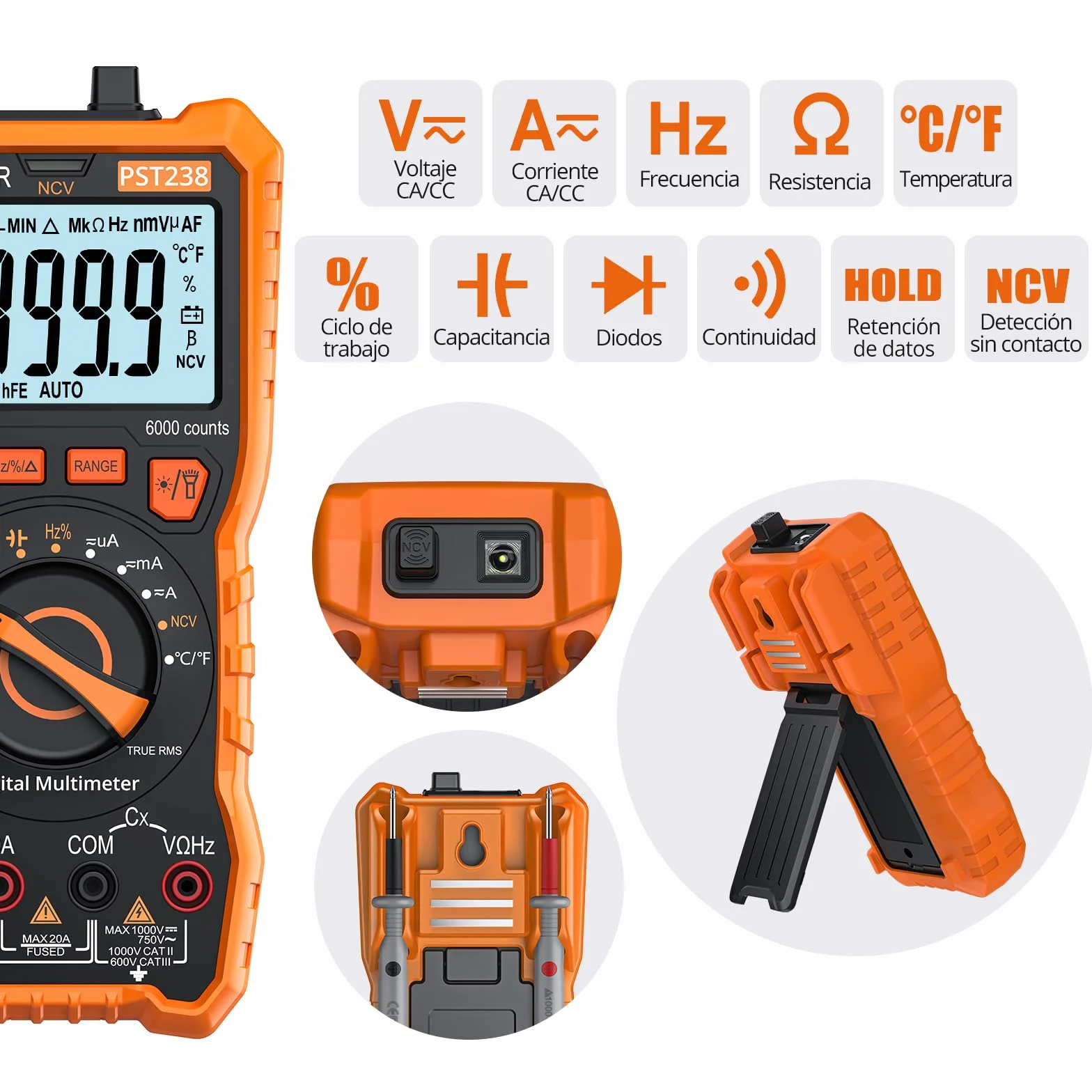 Proster Multímetro Digital 6000 Cuentas NCV TRMS Polímetro Profesional Rango Automático con Pinzas Cocodrilo para Prueba de Voltaje Corriente DC/AC Resistencia Capacitancia Continuidad Temperatura