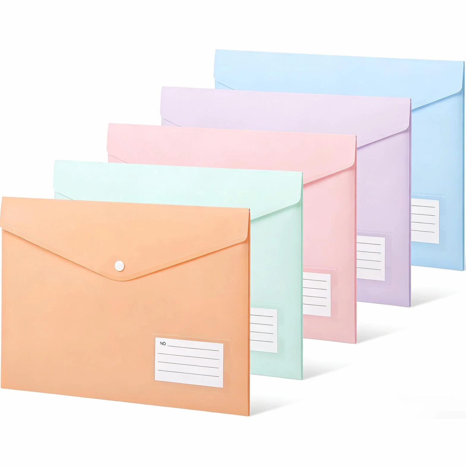 10 sobres A4 transparentes de plástico con botón de presión, para etiquetas y tarjetas de visita, ideales para suministros de oficina y tareas (5 colores)