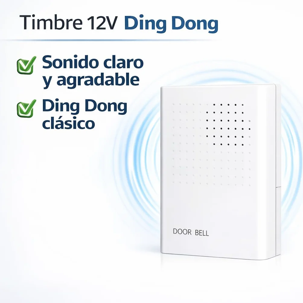 Timbre Eléctrico 12V Cableado para Puerta, Sonido Claro y Potente, Resistente Agua ABS, Hogar