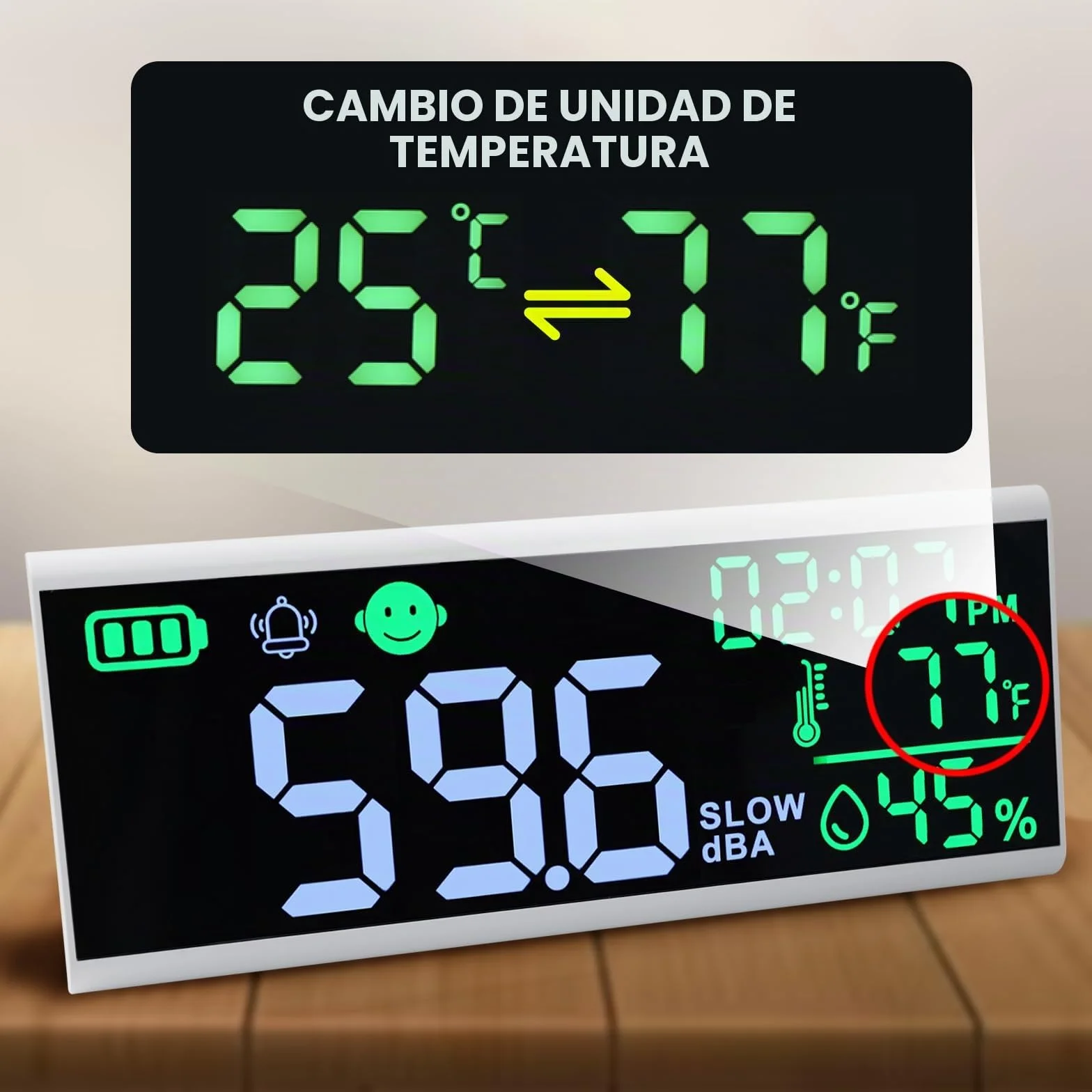 Medidor de decibelios 13 pulgadas, nivel de sonido LED para pared y mesa, alarma con zumbador