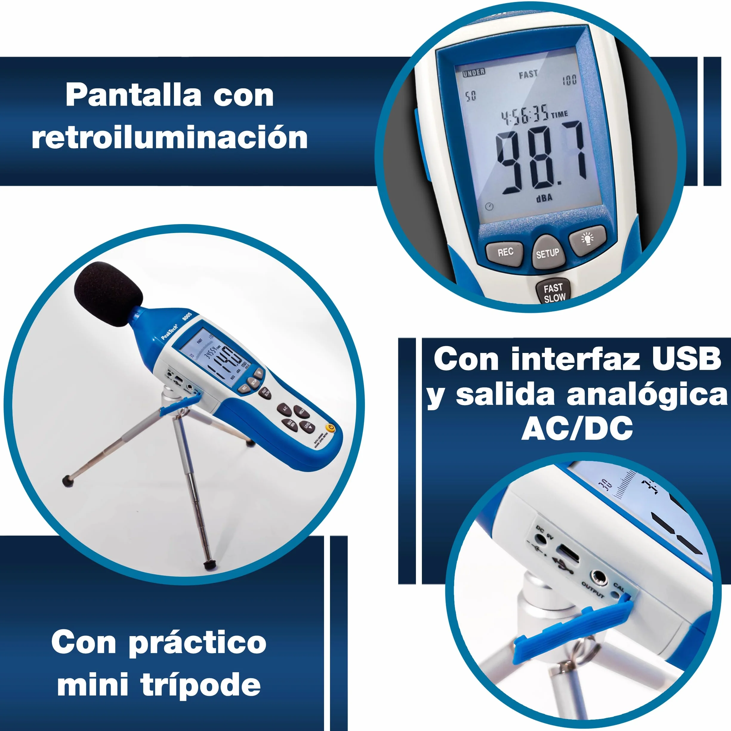PeakTech 8005 – Medidor de nivel de sonido clase 2 con grabación (32000 valores medidos), calibrado, USB, medidor de dB, Min / Max, registrador de datos, salidas de CA / CC, 30 dB - 130 dB