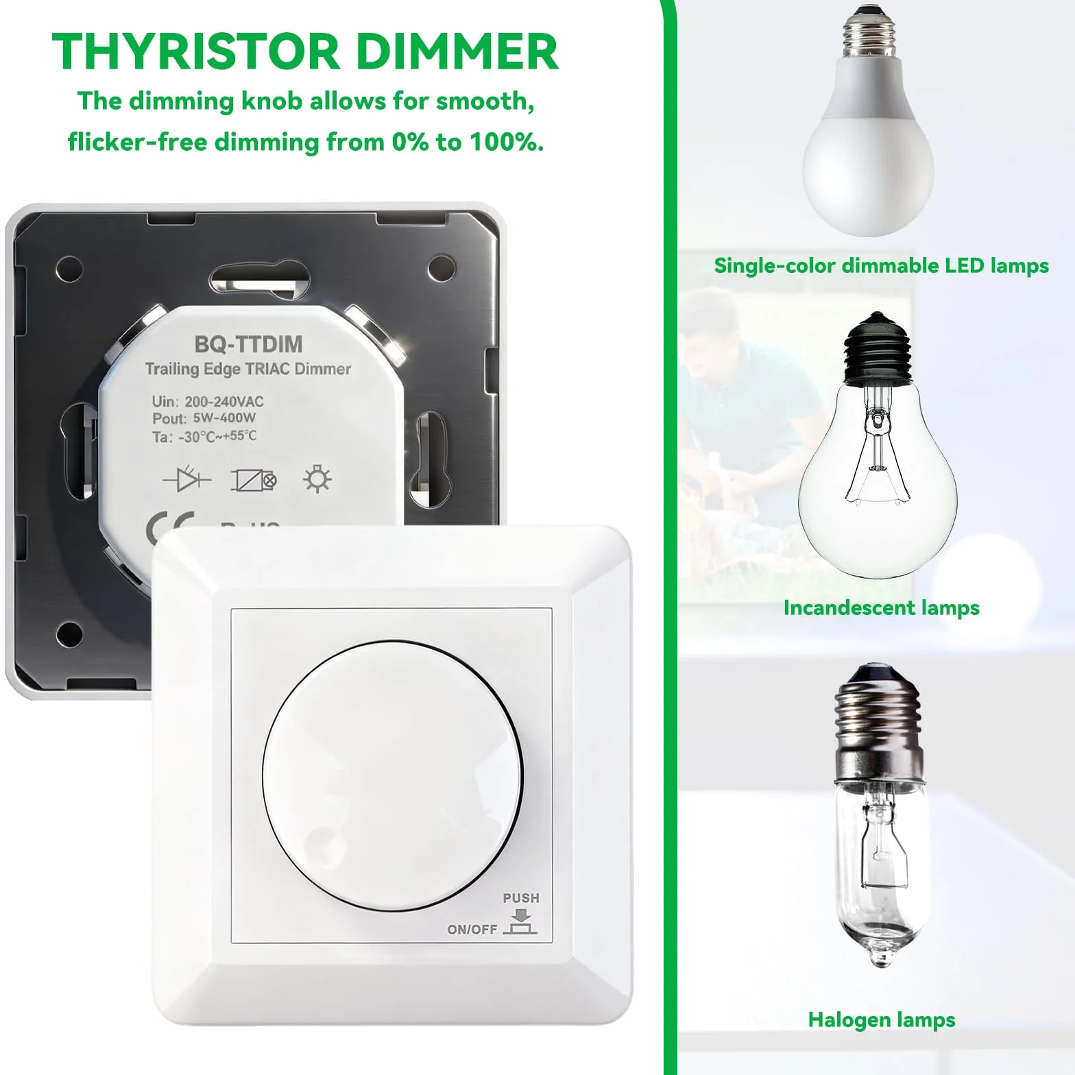 Regulador de intensidad led 230V dimmer interruptor regulador de luz 5-400W Incrustado regulables perilla de dimmer apto para lámparas LED monocromáticas incandescentes y halógenas BQ-TTDIM