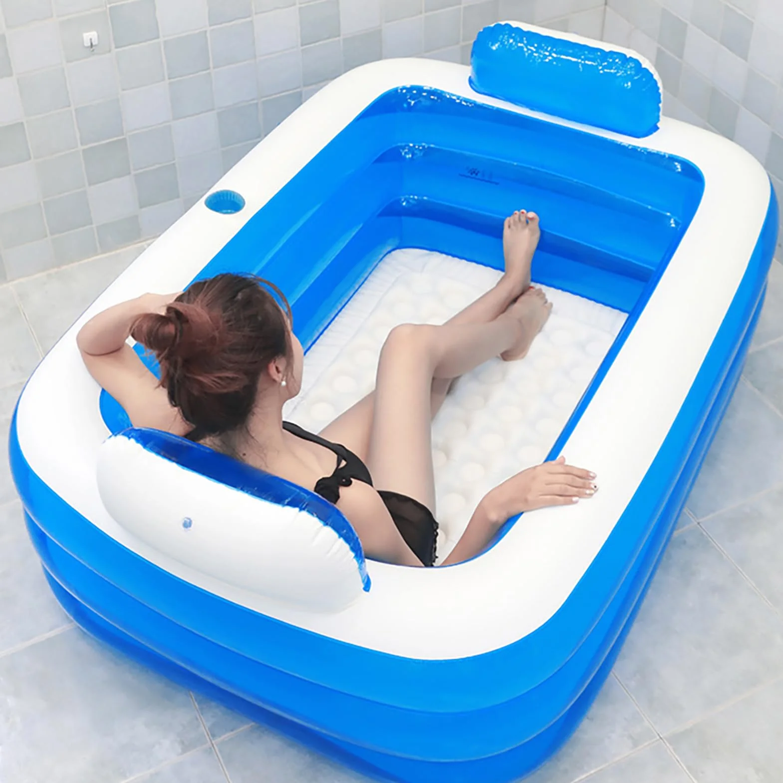 Bañera inflable portátil de spa, bañera de hidromasaje para 2 personas, tamaño adulto con respaldo y drenaje, PVC grueso plegable, para el hogar, al aire libre, viajes, piscinas