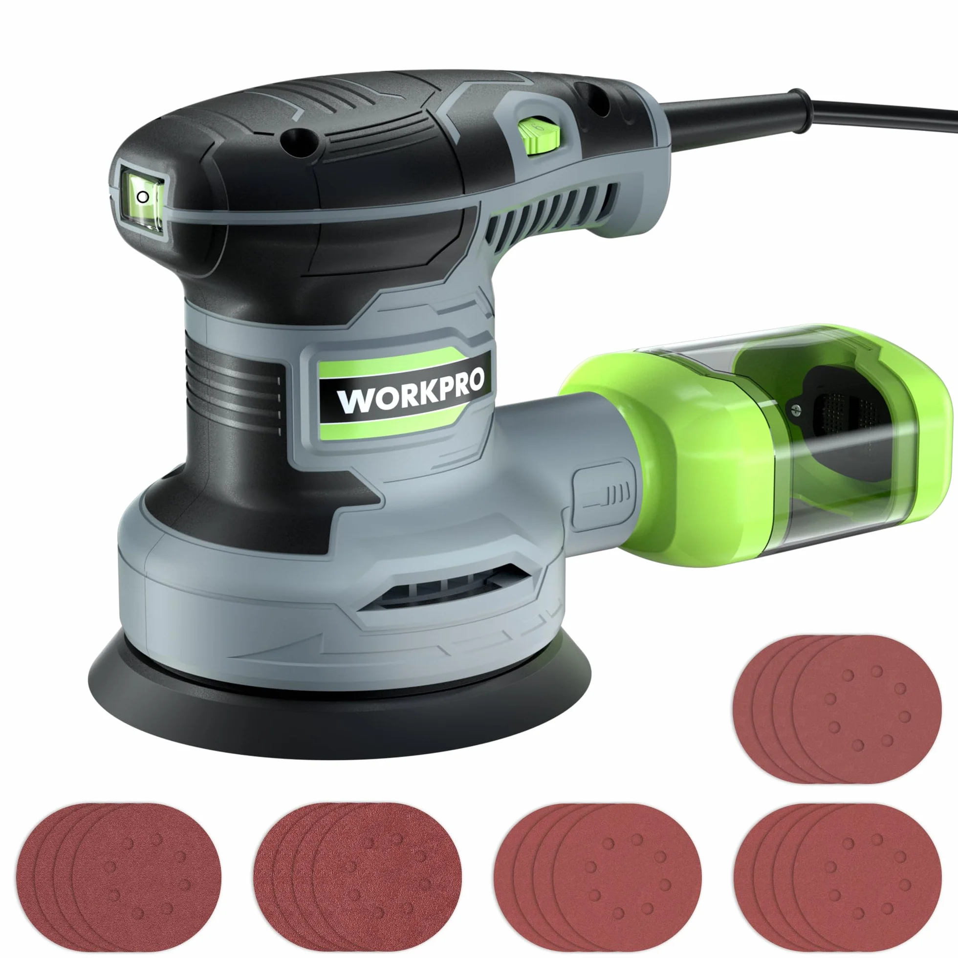WORKPRO Lijadora excéntrica 125 mm, 300 W, 7000-13000 OPM, multilijadora con aspiración y depósito de polvo, incluye 20 unidades de papel de lija