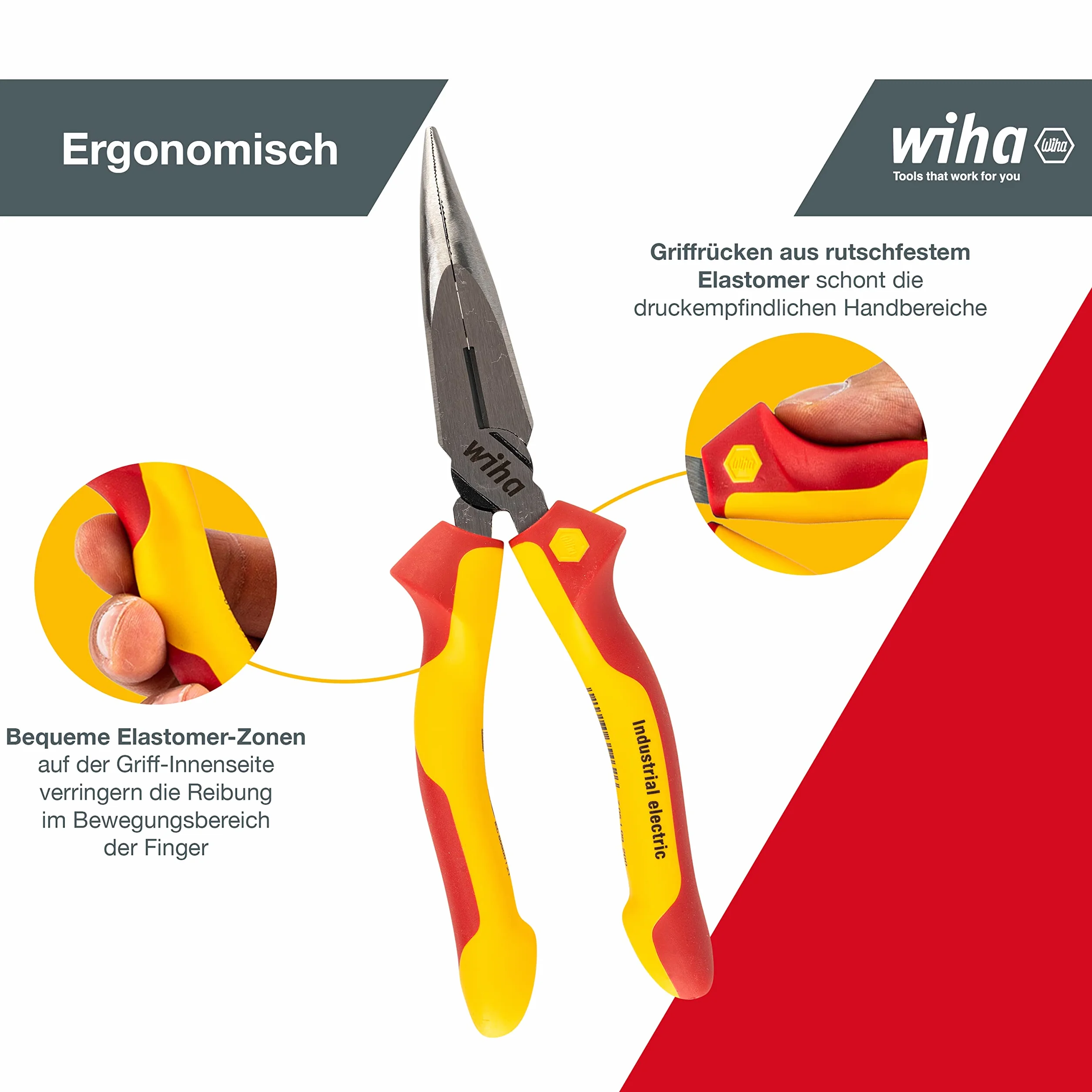 Wiha Alicates de boca semi-redonda Industrial electric con filo de corte, con forma curvada, aprox. 40° 200 mm, 8" (35462)